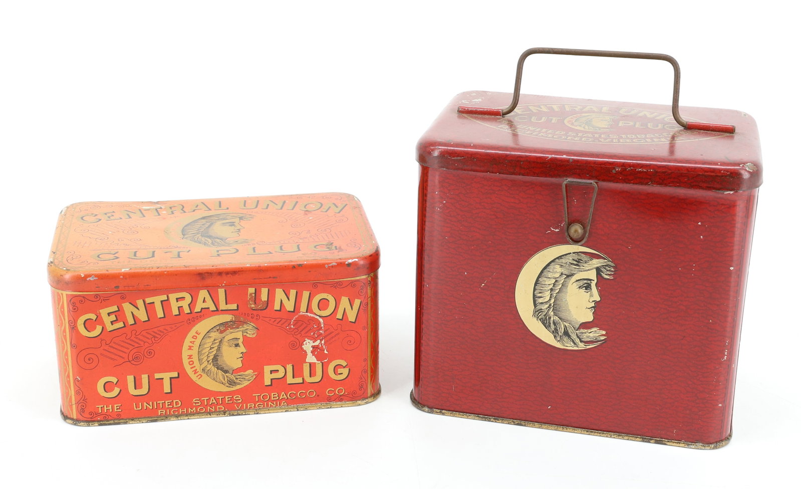 (2) CENTRAL UNION TOBACCO TINS: CENTRAL UNION CUT PLUG. TALLER HAS HINGED LID / LATCH / HANDLE 5 1/4" X 6" X 4". OTHER EXAMPLE, 6" L. PLEASE READ CAREFULLY - Terms for Purchasing and Shipping of Auction Items. Please read carefully 