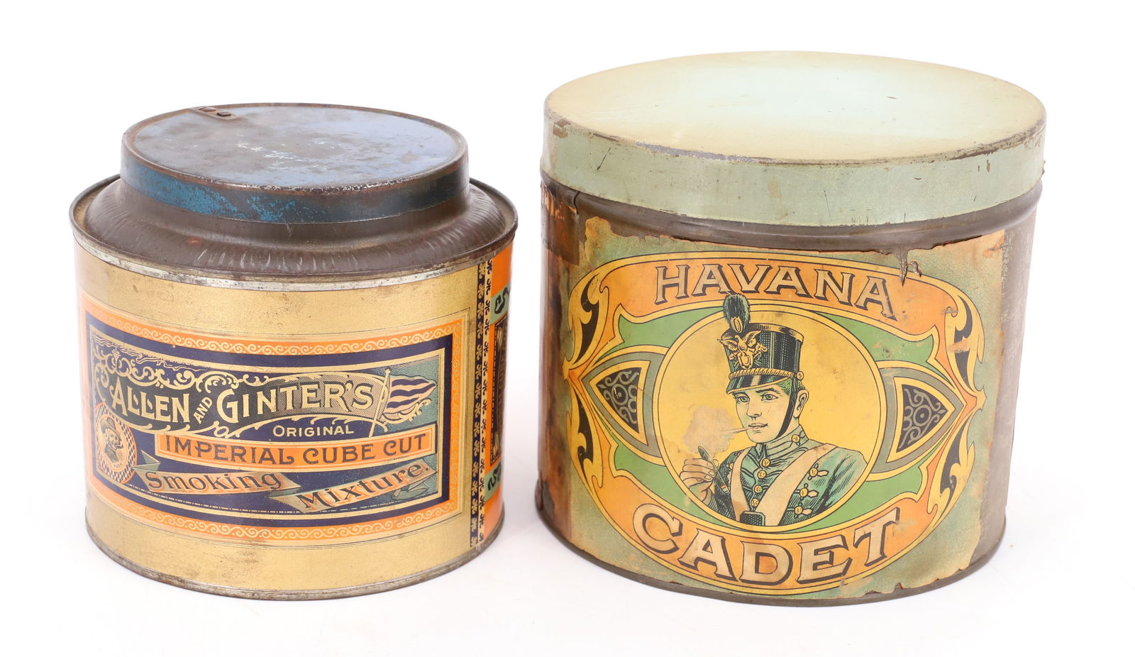 (2) PAPER LITHO LABEL TOBACCO TINS: ALLEN AND GINTER IMPERIAL CUBE CUT SMOKING MIXTURE 4 7/8" D. AND "HAVANA CADET" 5 1/2" D. PLEASE READ CAREFULLY - Terms for Purchasing and Shipping of Auction Items. Please read carefully before biddi