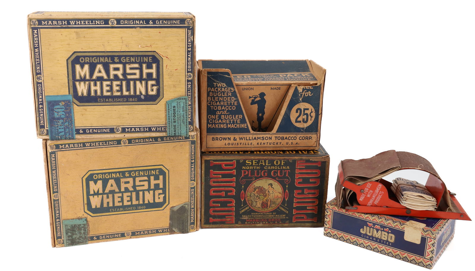 LOT OF TOBACCO BOXES / CIGARETTE ROLLER: INCLUDING: PAPER LITHO "JUMBO CIGARETTES" BOX 5 1/2" L., "SEAL OF NORTH CAROLINA PLUG CUT" 6 3/4" L, TWO "MARSH WHEELING" BOX, AND BUGLER BOX WITH CIGARETTE ROLLER / PAPERS. PLEASE READ CAREFULLY - Te