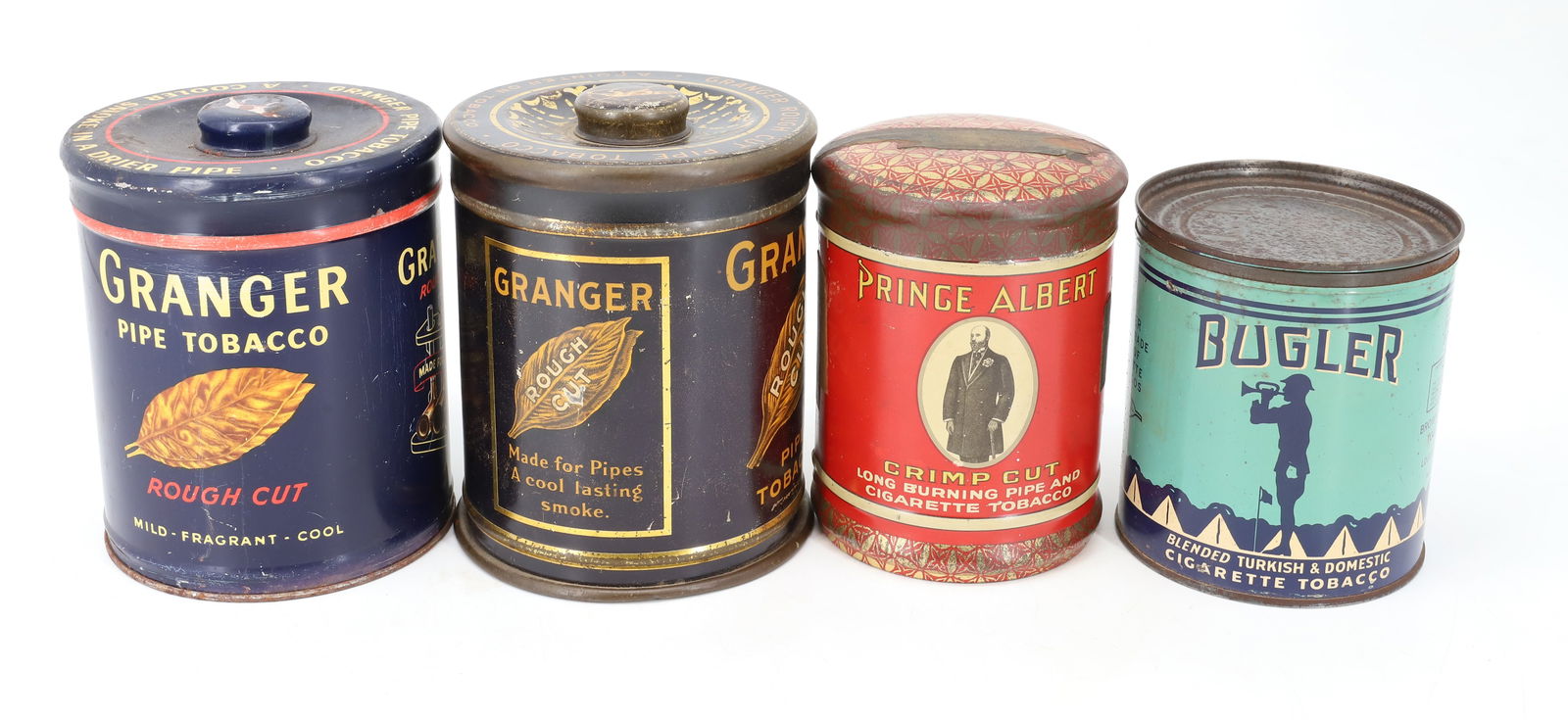 LOT OF CIGARETTE / PIPE TOBACCO TINS: (4) TIN LITHO INCLUDING: TWO "GRANGER ROUGH CUT PIPE TOBACCO" 6 1/4" H. "PRINCE ALBERT" AND "BUGLER". PLEASE READ CAREFULLY - Terms for Purchasing and Shipping of Auction Items. Please read carefully