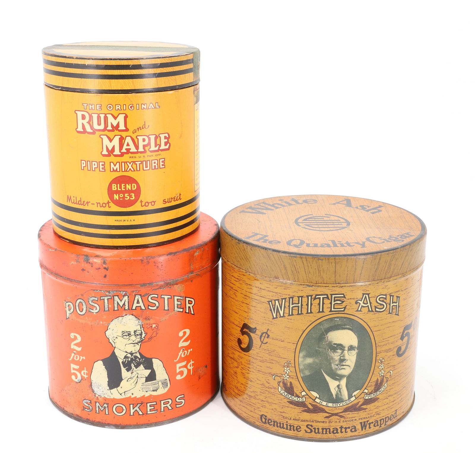LOT OF (3) CIGAR / TOBACCO TINS: TWO CIGAR TINS INCLUDE: POSTMASTER SMOKERS 5 1/8" X 5 1/4" AND WHITE ASH "GENUINE SUMATRA WRAPPED". WITH, PAPER LITHO "RUM AND MAPLE PIPE MIXTURE" 5" H. PLEASE READ CAREFULLY - Terms for Purchasing an