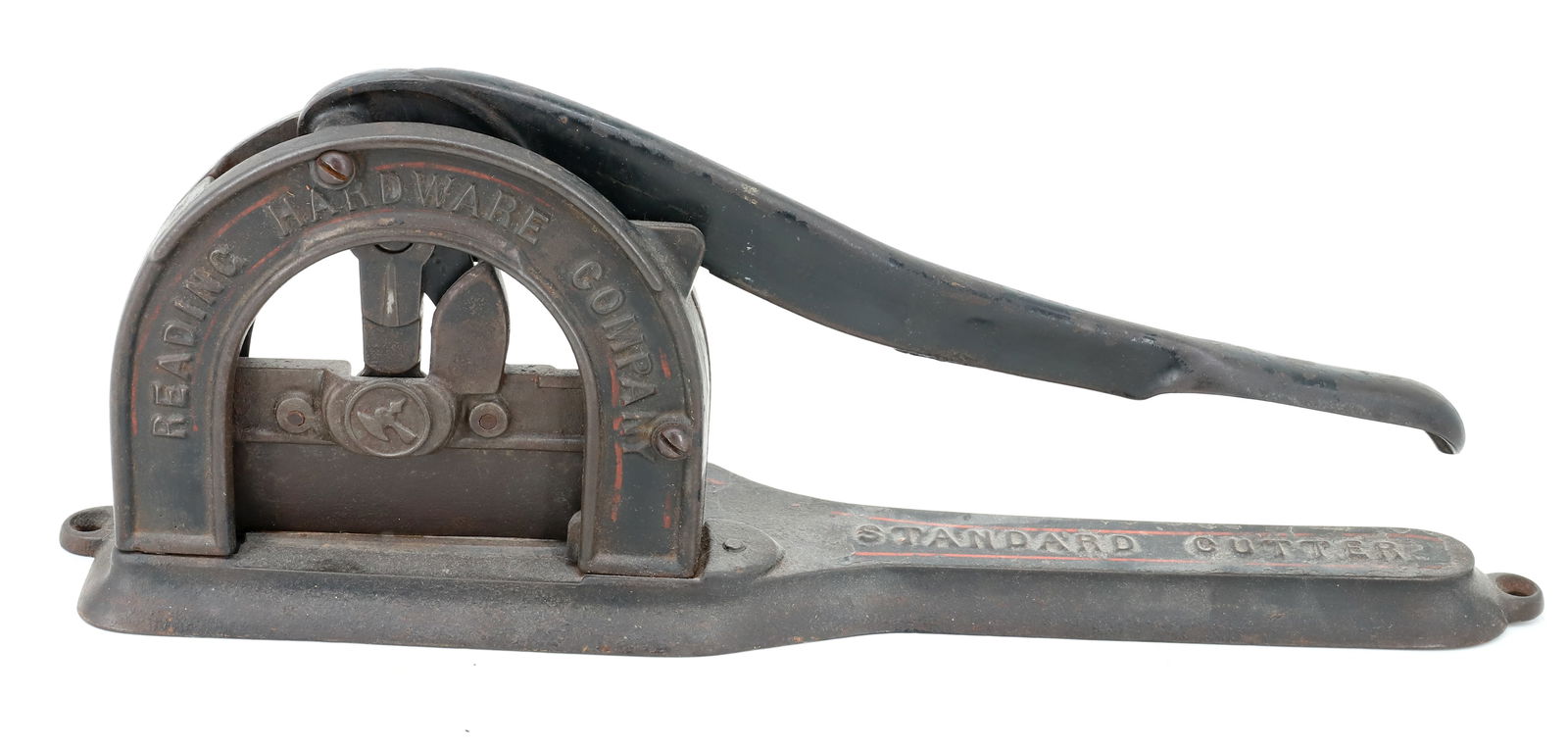READING HARDWARE TOBACCO CUTTER: CAST IRON MRKD. "READING HARDWARE COMPANY" AND "STANDARD TOBACCO KNIFE. BLACK WITH RED PINSTRIPING. 17" L. PLEASE READ CAREFULLY - Terms for Purchasing and Shipping of Auction Items. Please read caref