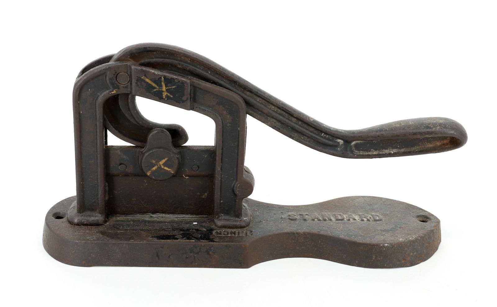 STANDARD CAST IRON TOBACCO CUTTER: PAINTED CAST IRON WITH YELLOW DECORATION. 12" L. PLEASE READ CAREFULLY - Terms for Purchasing and Shipping of Auction Items. Please read carefully before bidding. Hartzell’s Auction Gallery. Har