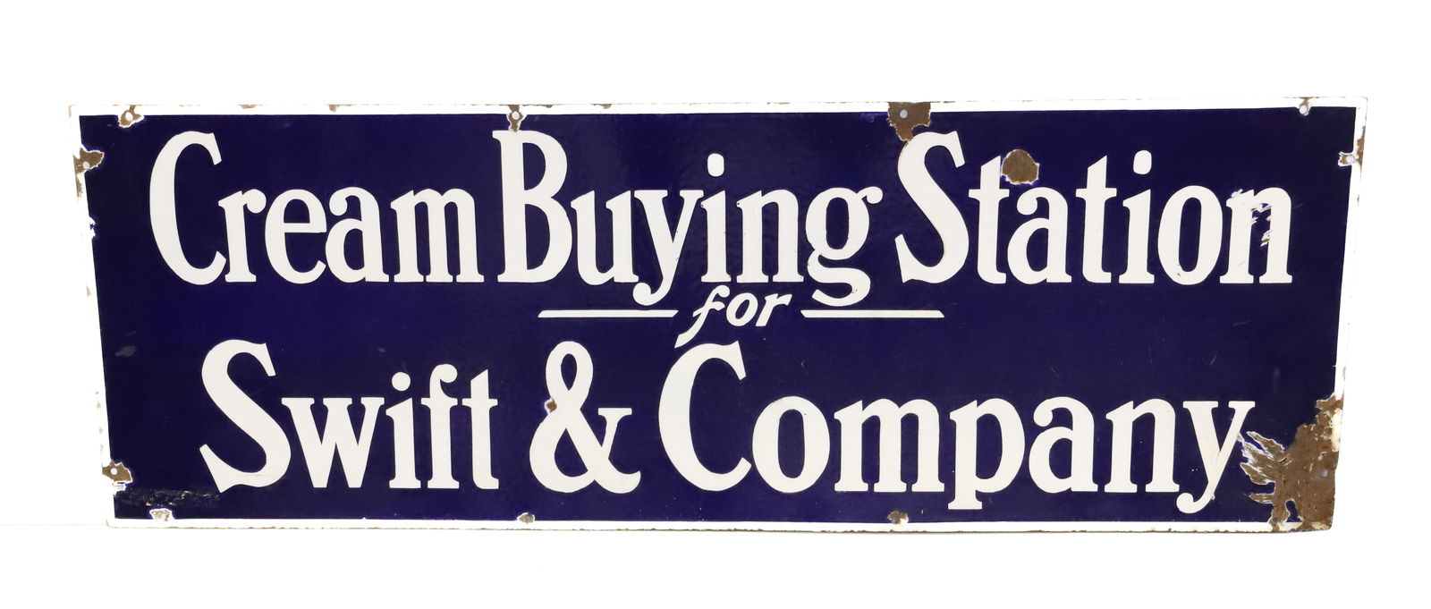 DOUBLE-SIDED PORCELAIN "CREAM BUYING STATION" SIGN: CREAM BUYING STATION FOR SWIFT & COMPANY 14 1/2" X 42". PLEASE READ CAREFULLY - Terms for Purchasing and Shipping of Auction Items. Please read carefully before bidding. Hartzell’s Auction Galle