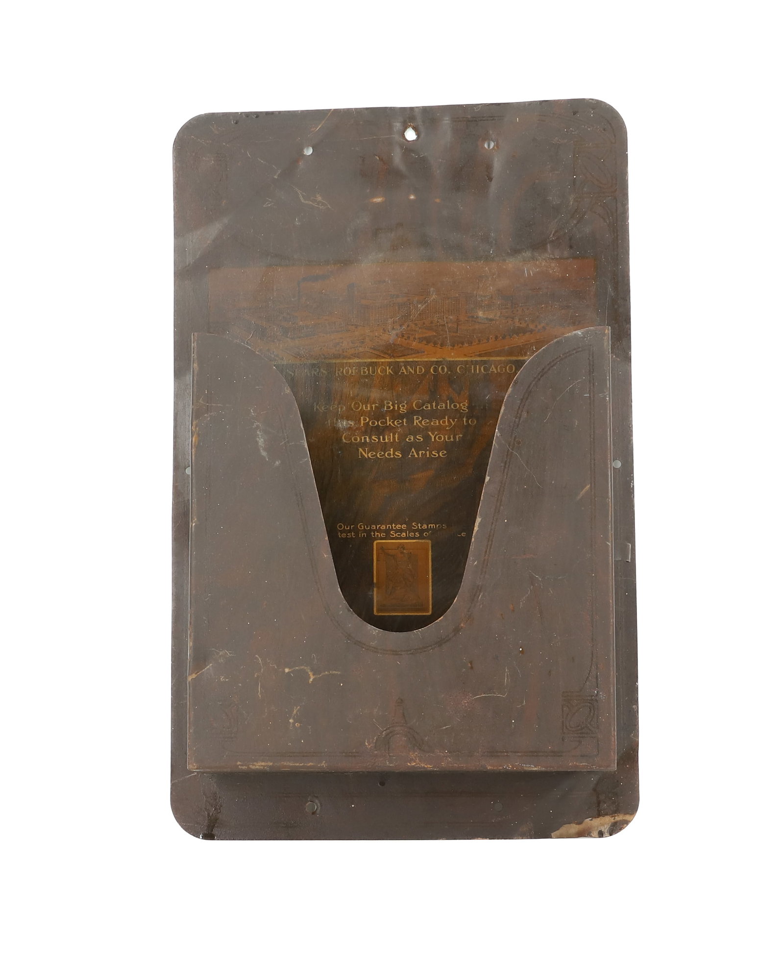 TIN LITHO "SEARS CATALOG" HOLDER: EARLY 20TH C. WALL MOUNTED CATALOG HOLDER. 16" X 10". PLEASE READ CAREFULLY - Terms for Purchasing and Shipping of Auction Items. Please read carefully before bidding. Hartzell’s Auction Gallery