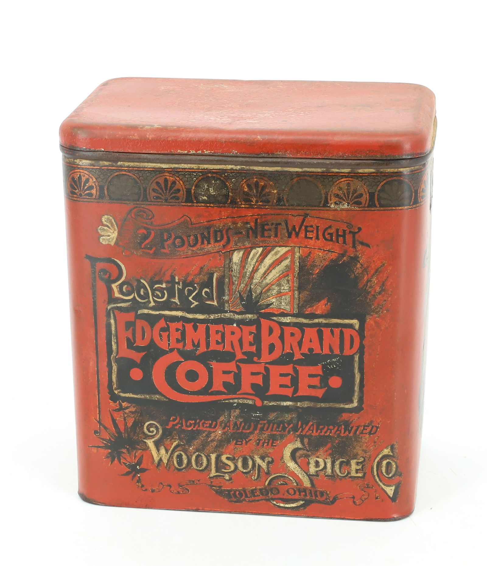 EDGEMERE BRAND COFFEE TIN: BY WOOLSON SPICE CO., TOLEDO, OHIO. 6 3/4" X 6" X 4". PLEASE READ CAREFULLY - Terms for Purchasing and Shipping of Auction Items. Please read carefully before bidding. Hartzell’s Auction Gallery
