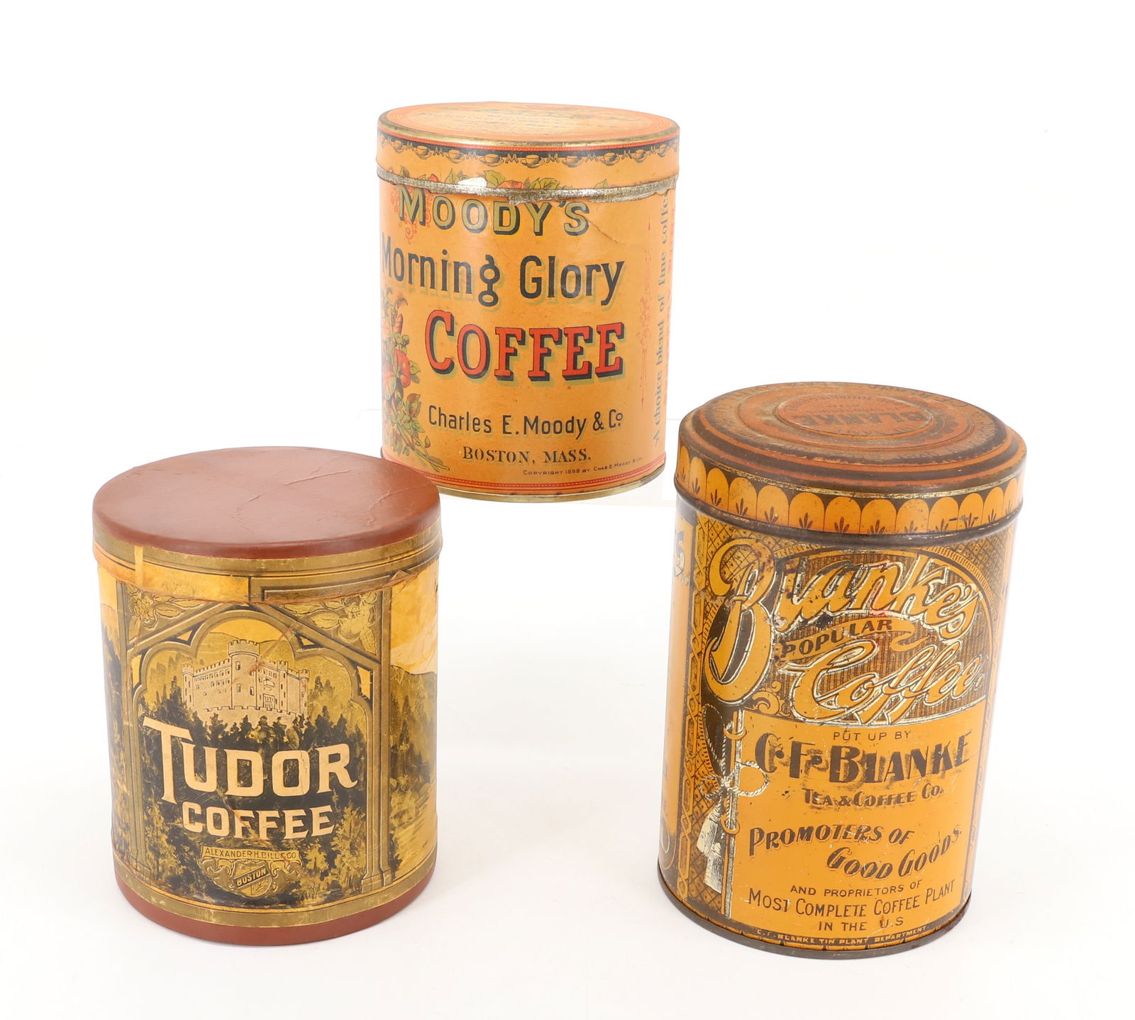 LOT OF (3) VINTAGE COFFEE TINS: INCLUDING: TIN LITHO "BLANKE'S POPULAR COFFEE" 6 1/2" H., PAPER LITHO AND TIN "MOODY'S MORNING GLORY COFFEE, BOSTON, MASS" (COPYRIGHT 1898) AND CARDBOARD PAPER LITHO "TUDOR COFFEE" (BOSTON). PLEASE RE