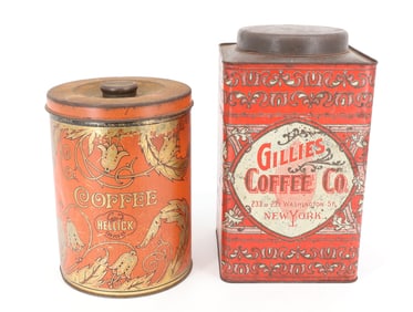 GILLIES AND "HELLICK" COFFEE TINS