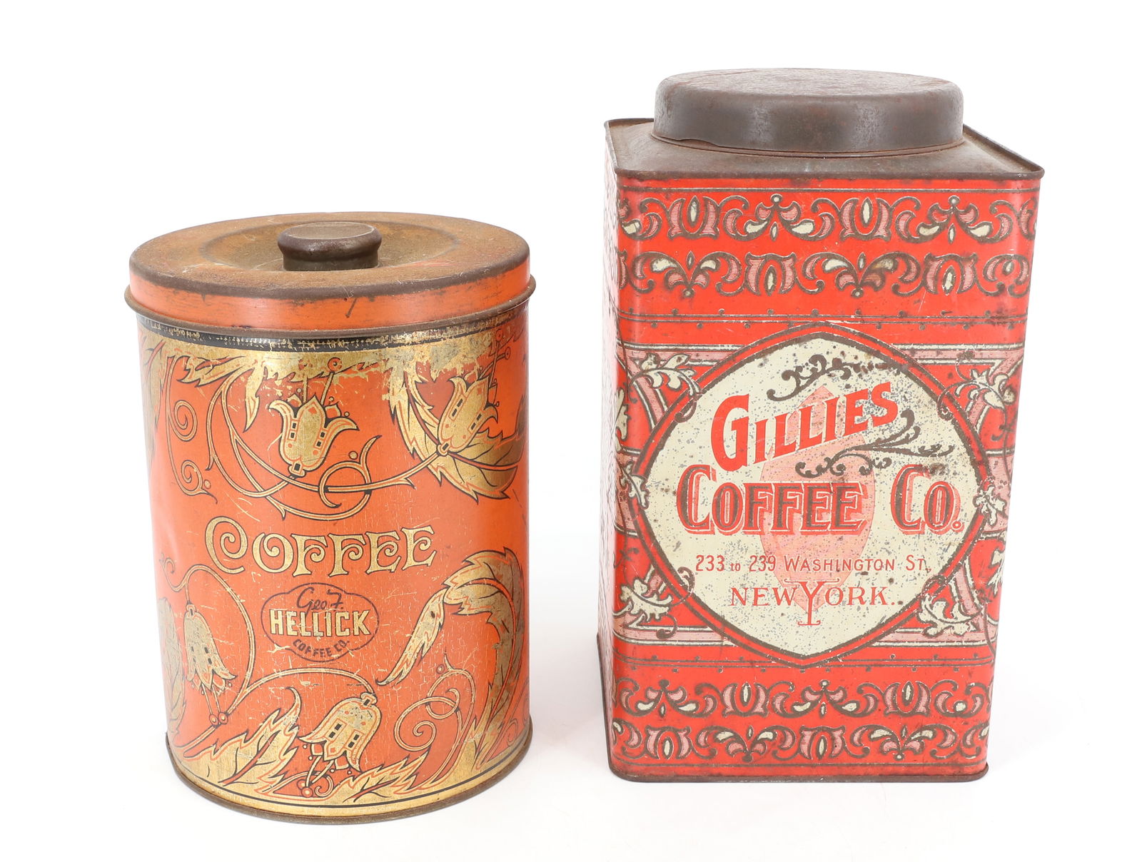 GILLIES AND "HELLICK" COFFEE TINS: GILLIES COFFEE CO., NEW YORK 10 3/4" H. AND HELLICK COFFEE CO. 8 3/4" H. PLEASE READ CAREFULLY - Terms for Purchasing and Shipping of Auction Items. Please read carefully before bidding. Hartzell̵