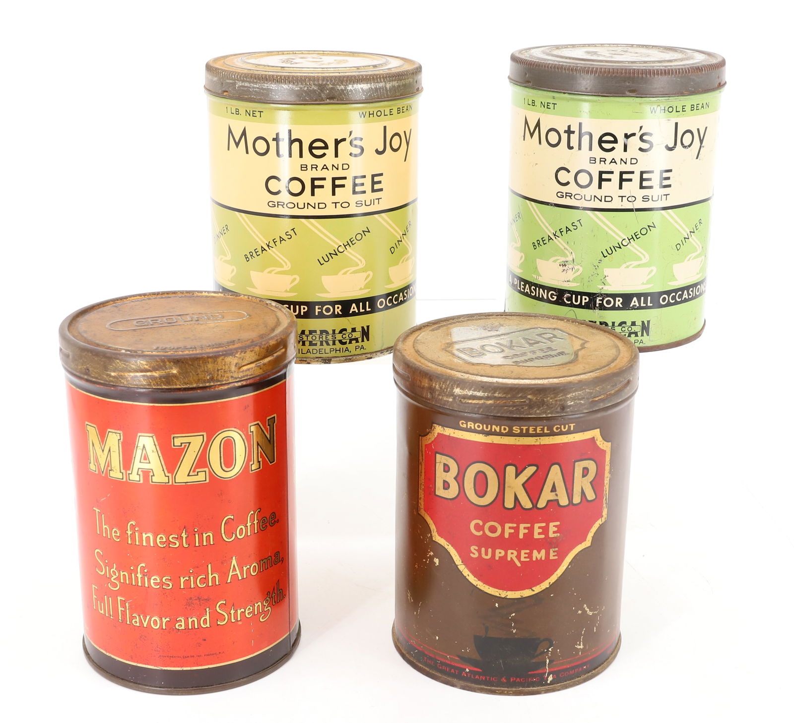 LOT (4) COFFEE ADVERTISING TINS: INCLUDING: MAZON COFFEE (JERSEY CITY, NJ), BOKAR COFFEE SUPREME AND TWO "MOTHER'S JOY BRAND COFFEE" 5 3/4" H. PLEASE READ CAREFULLY - Terms for Purchasing and Shipping of Auction Items. Please read ca