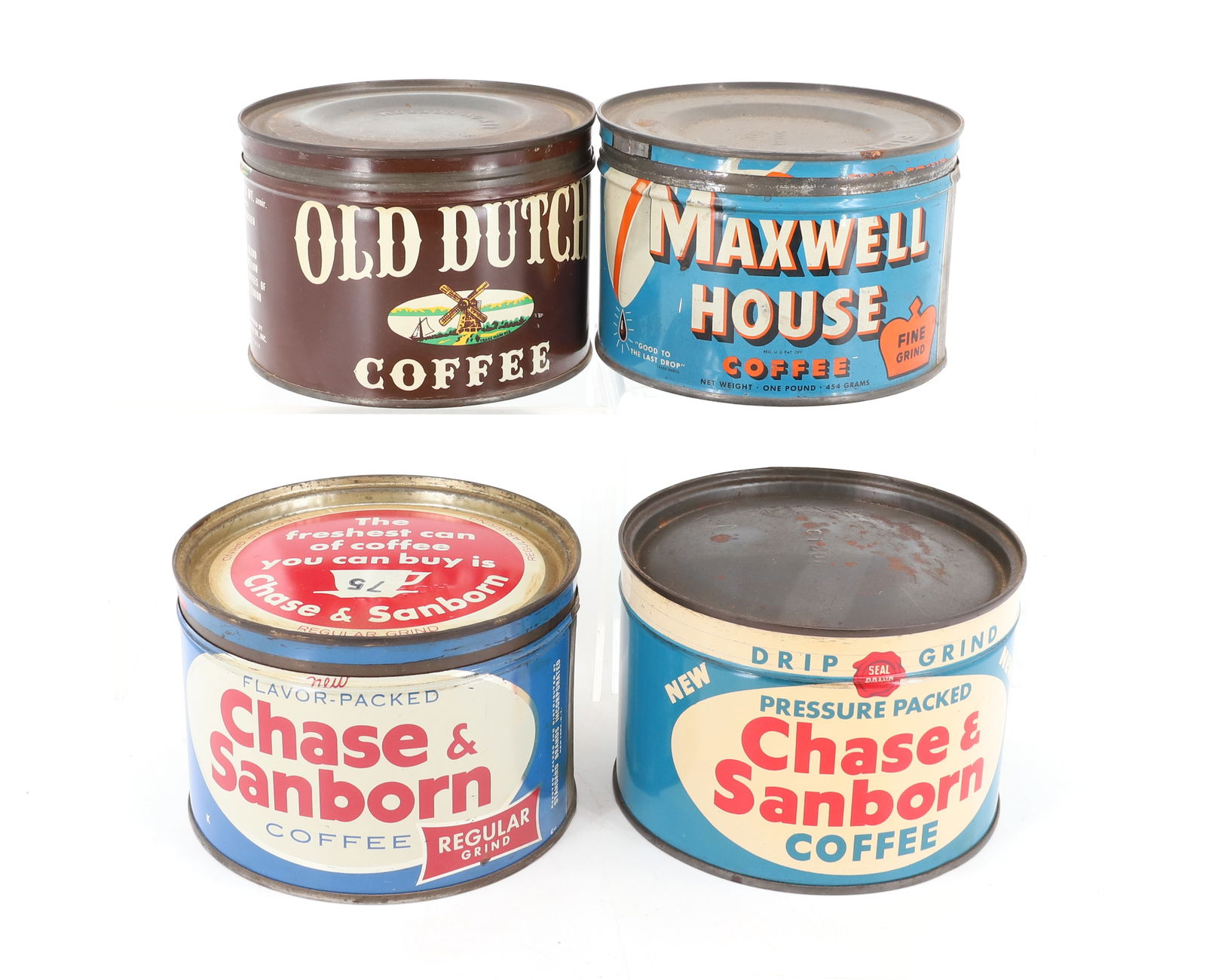 LOT (4) COFFEE ADVERTISING TINS: INCLUDING: (2) CHASE & SANBORN, MAXWELL HOUSE AND OLD DUTCH COFFEE 3 5/8" X 5". PLEASE READ CAREFULLY - Terms for Purchasing and Shipping of Auction Items. Please read carefully before bidding. Hartze