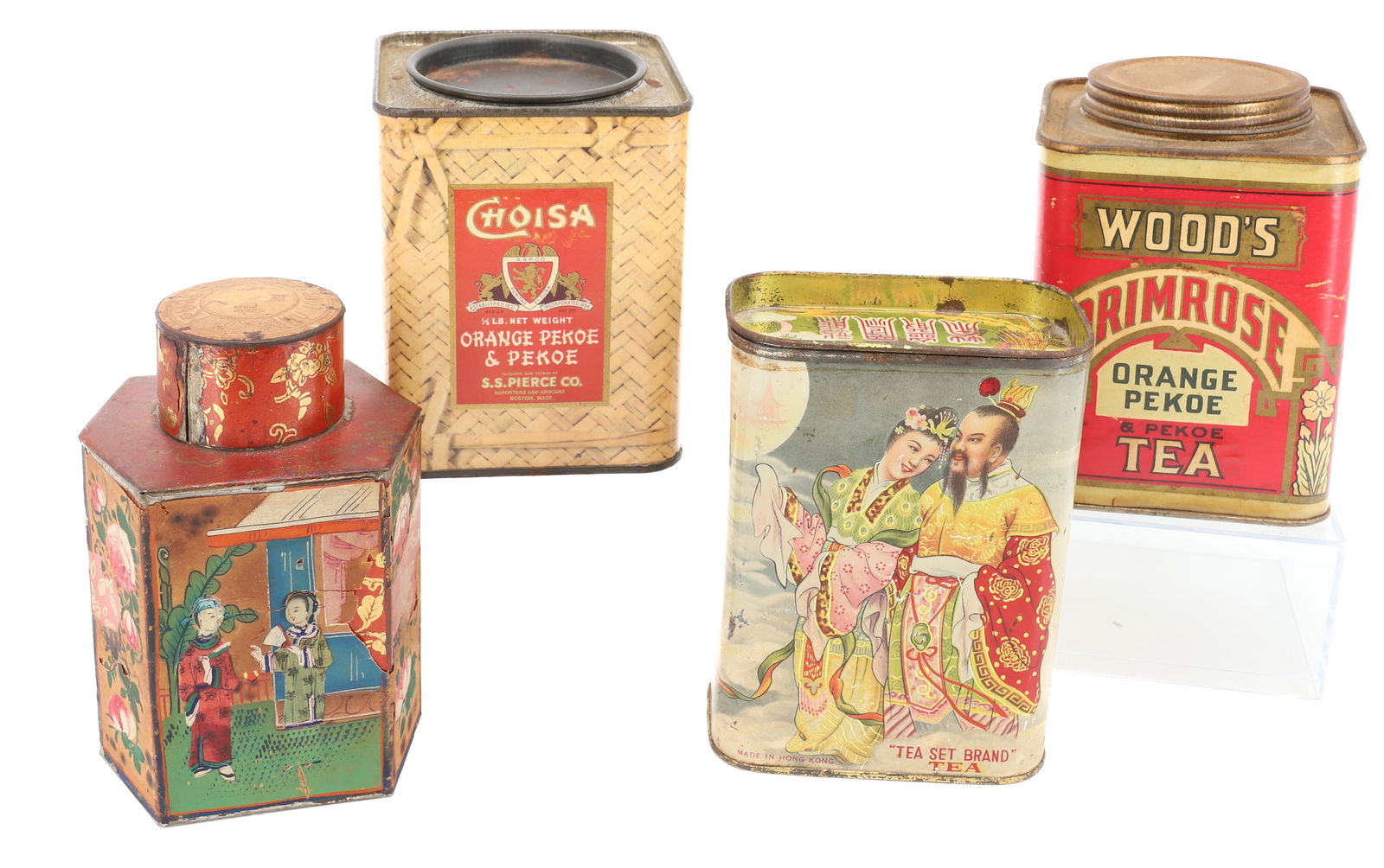 LOT (4) TEA TINS: THREE WITH PAPER LITHO LABELS: WOOD'S PRIMROSE TEA, BOSTON (CARDBOARD/TIN WITH PAPER LABEL), CHOISA (BOSTON) AND SIX-SIDED " PURE WU LUNG TEA". WITH, TIN LITHO "KWONG SANG TEA CO., HONG KONG" 5 1/4" H