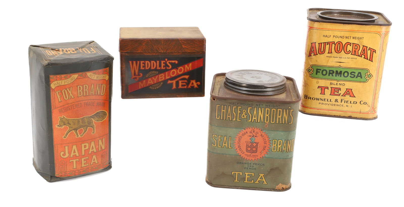 LOT (4) PAPER LITHO LABEL TEA TINS: INCLUDING: AUTOCRAT TEA (PROVIDENCE, RI), CHASE & SANBORNS SEAL BRAND TEA, WEDDLE'S MAYBLOOM TEA (CARDBOARD BOX / PAPER LABEL) NY, AND FOX BRAND JAPAN TEA (PAPER CONTAINER) NY. 5 1/2" H. PLEASE READ C