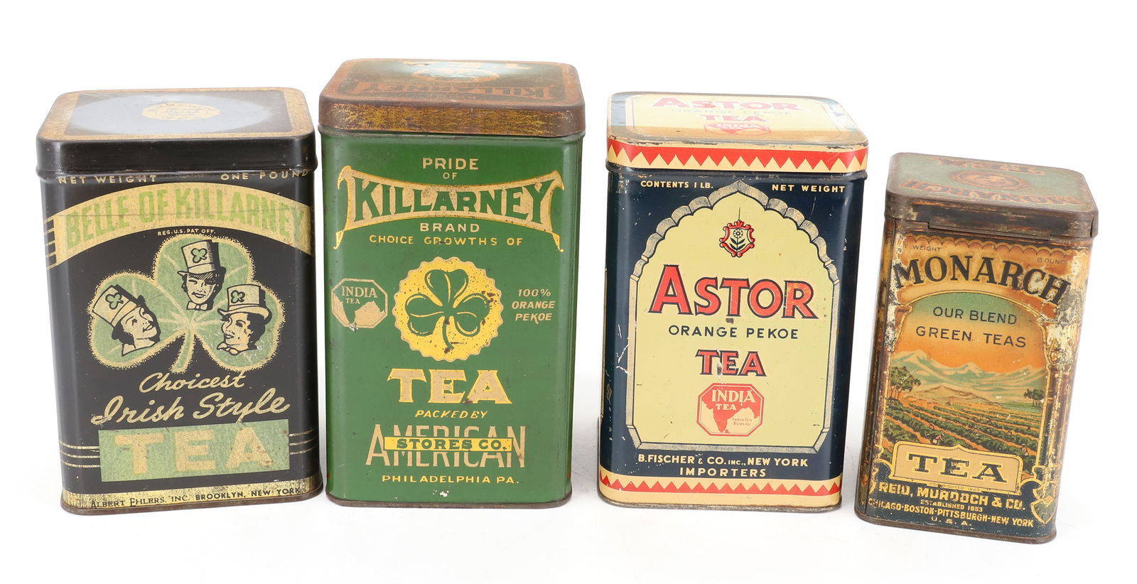 LOT OF (4) TEA TINS: INCLUDING: MONARCH, ASTOR TEA, BELLE OF KILLARNEY 6" H. AND PRIDE OF KILLARNEY (PHILADELPHIA). PLEASE READ CAREFULLY - Terms for Purchasing and Shipping of Auction Items. Please read carefully before