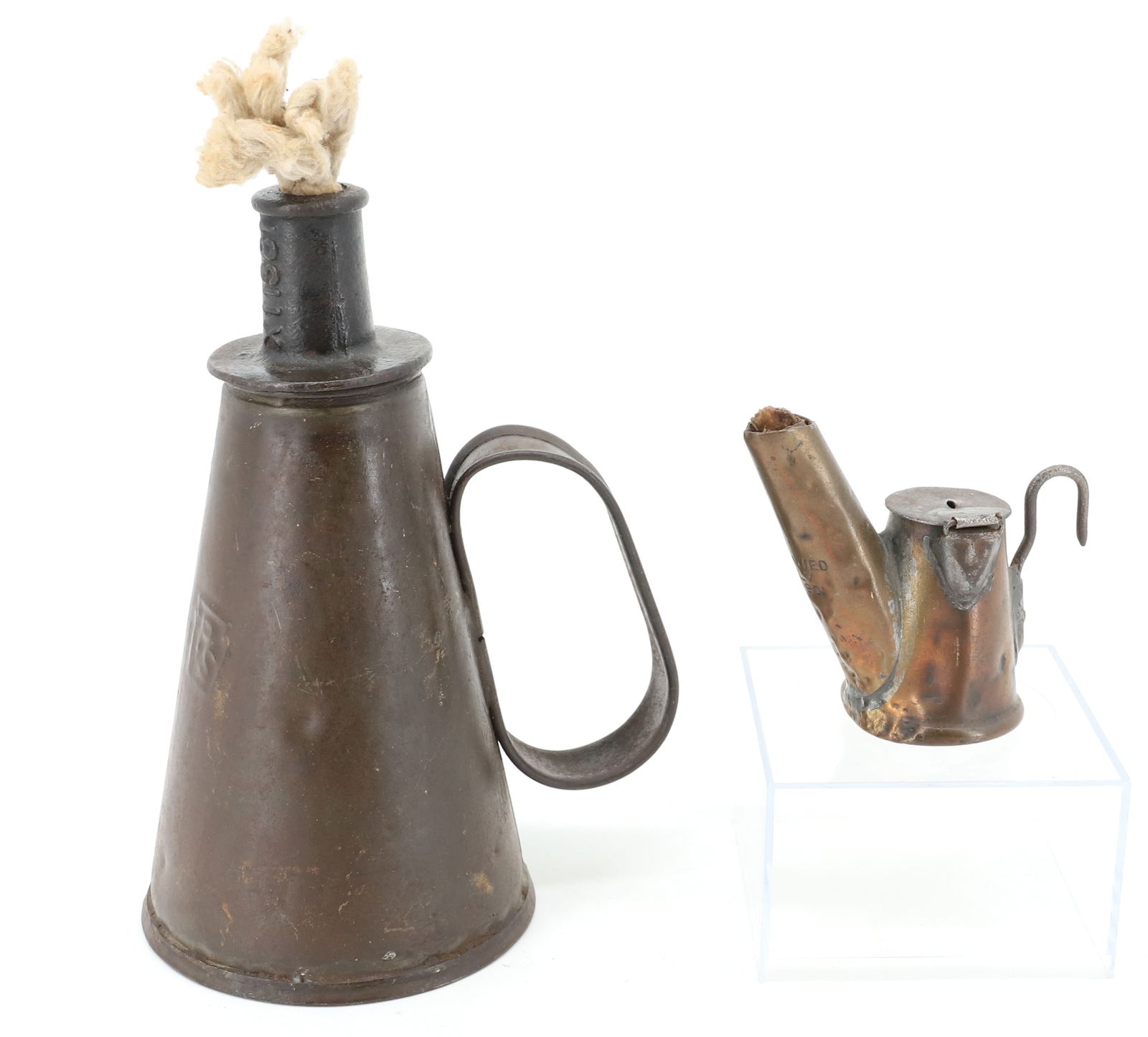 RAILROAD AND MINER'S TORCHES: PENNSYLVANIA SYSTEM (PS) TIN RAILROAD TORCH WITH CAST IRON INSERT. 7 1/2". WITH, BRASS MINER'S TORCH PATENTED "JULY 23 - 1901" 3 1/4" H. PLEASE READ CAREFULLY - Terms for Purchasing and Shipping of Au