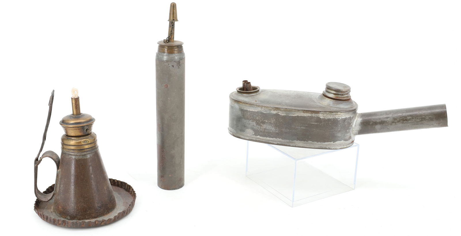 LOT OF EARLY LIGHTING: INCLUDING: TIN WHALE OIL LIGHT WITH EXTENDED HANDLE 9" L., CYLINDRICAL TORCH W/ CAP AND TIN CONICAL LIGHT WITH ROUND CRIMPED BASE 5" X 4". PLEASE READ CAREFULLY - Terms for Purchasing and Shipping of