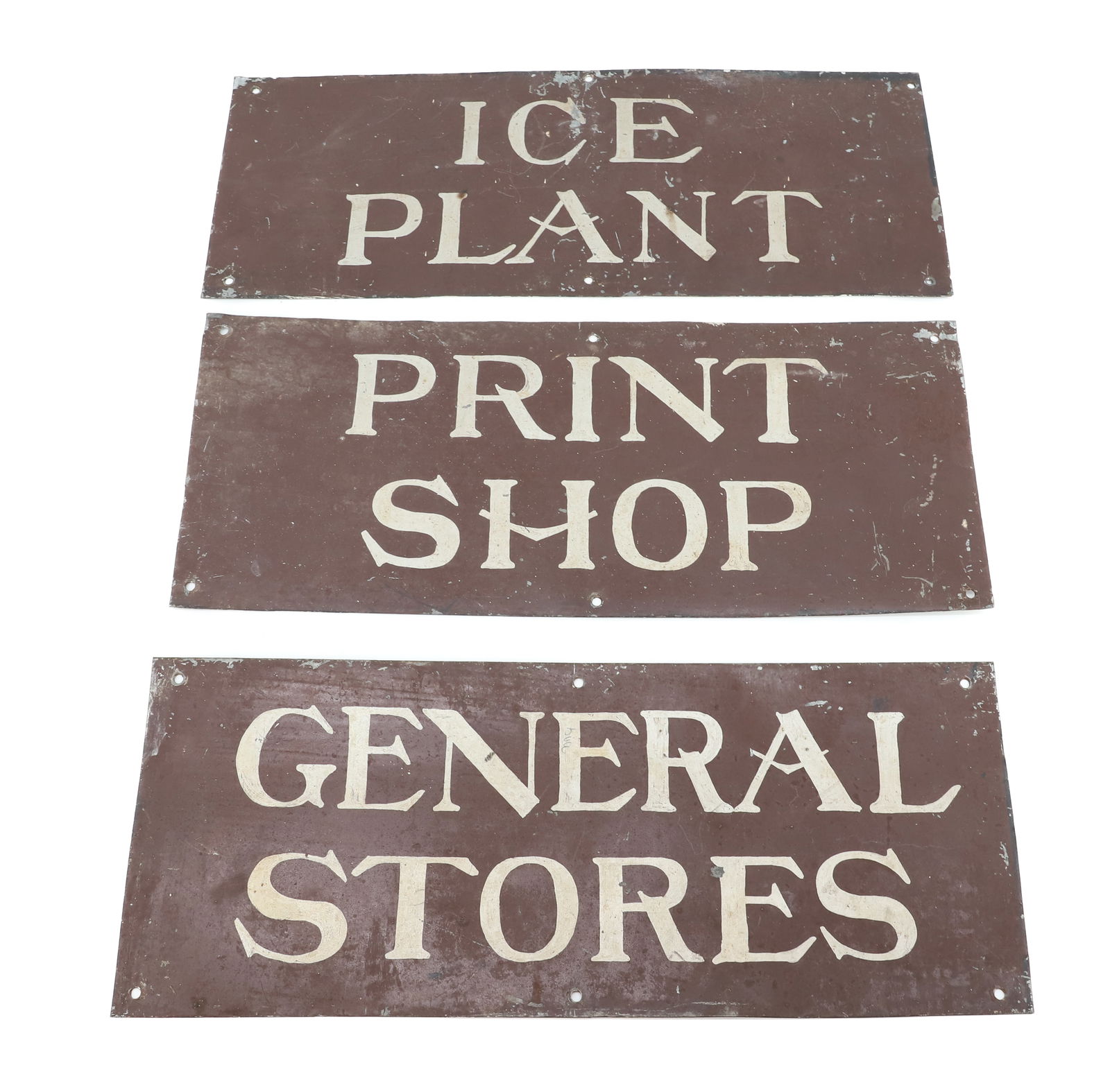 (3) PAINTED METAL SIGNS: ICE PLANT, PRINT SHOP AND GENERAL STORES. PURPORTEDLY FROM THE BREAKERS HOTEL, PALM BEACH, FL 1930S. 7 1/4" X 18". PLEASE READ CAREFULLY - Terms for Purchasing and Shipping of Auction Items. Please re
