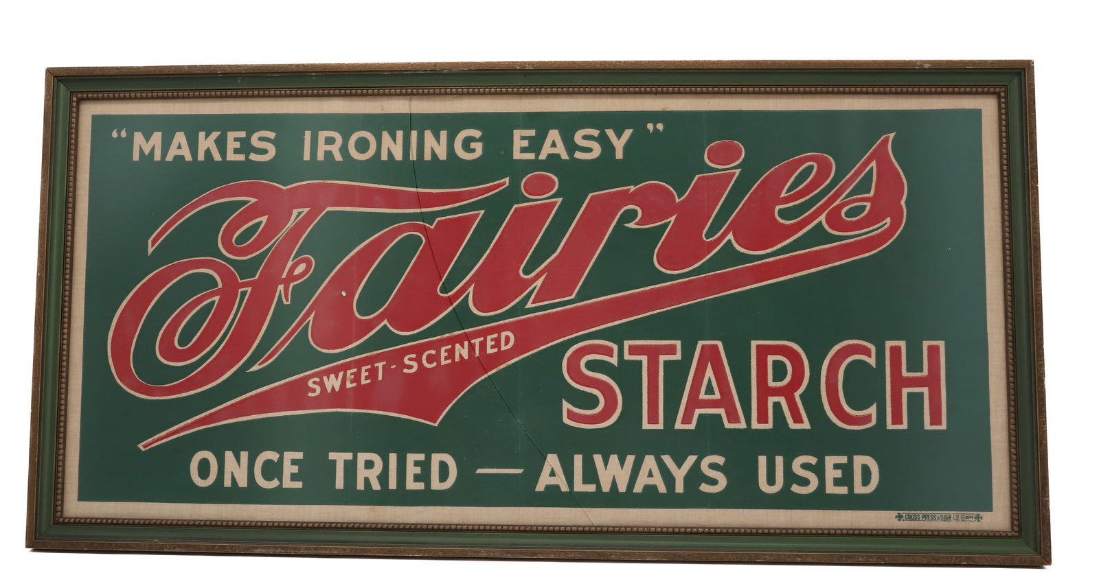FAIRIES STARCH FRAMED ADVERTISER: PRINTED ON TEXTILE "MAKES IRONING EASY, ONCE TRIED - ALWAYS USED". FRAMED UNDER GLASS. 15 1/2" X 31 3/4". PLEASE READ CAREFULLY - Terms for Purchasing and Shipping of Auction Items. Please read carefu