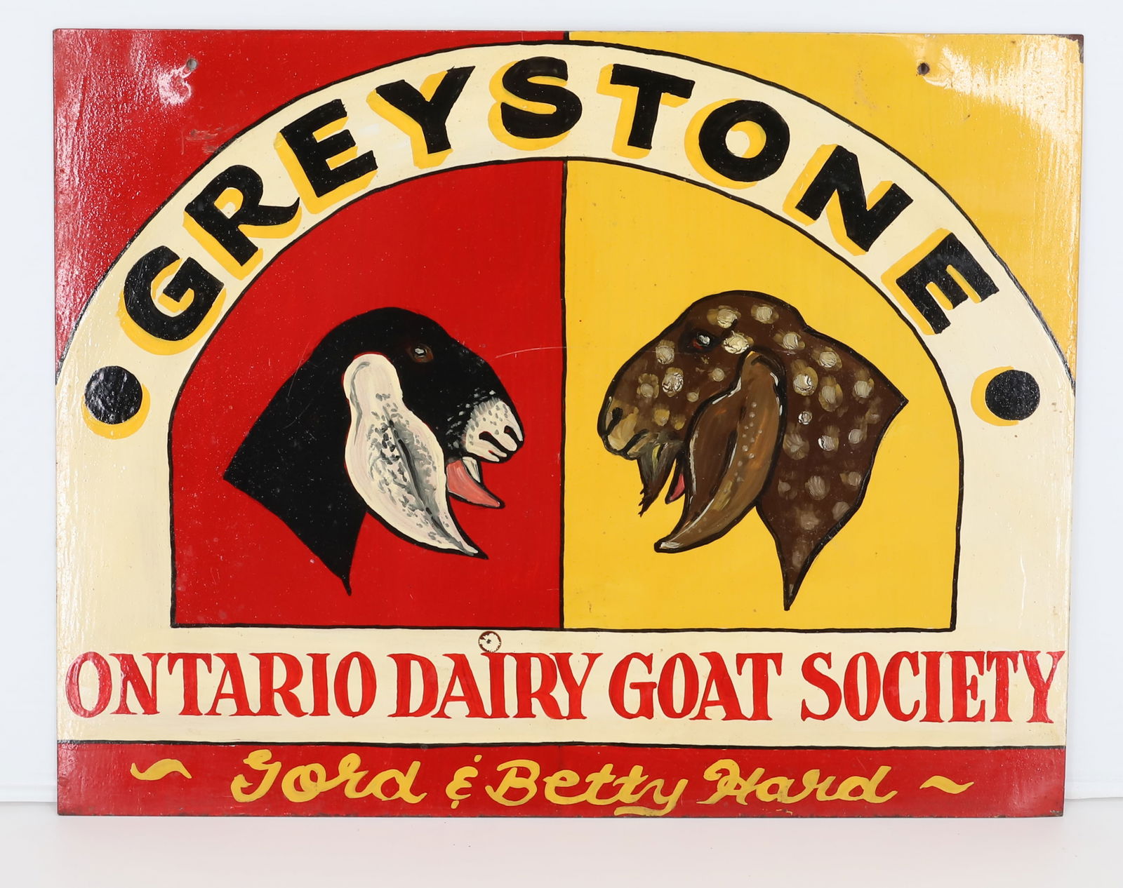 PAINTED METAL GOAT SOCIETY SIGN: DOUBLE-SIDED "GREYSTONE" ONTARIO DAIRY GOAT SOCIETY. 14" X 18". PLEASE READ CAREFULLY - Terms for Purchasing and Shipping of Auction Items. Please read carefully before bidding. Hartzell’s Aucti
