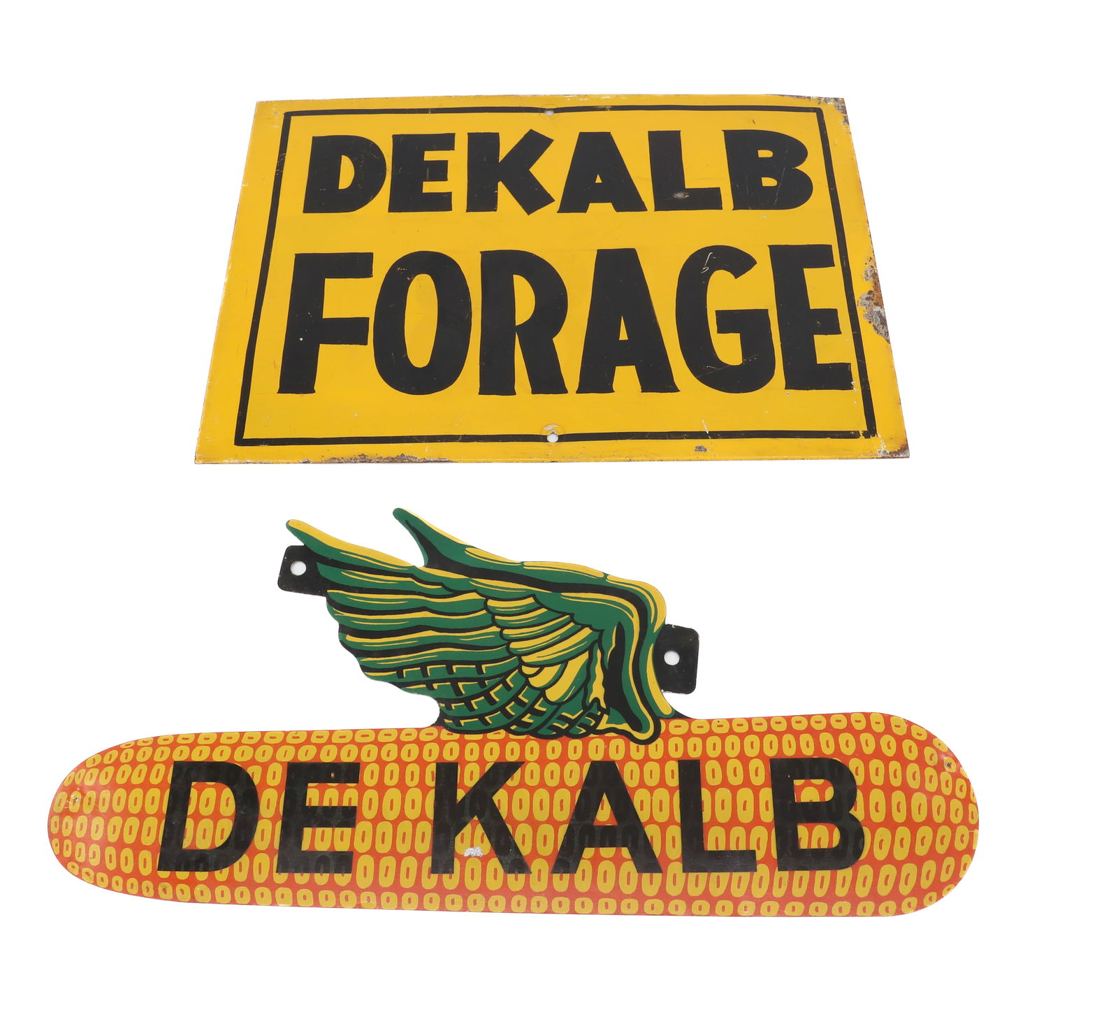 (2) VINTAGE DEKALB ADVERTISING SIGNS: DOUBLE-SIDE PAINTED METAL. 8 1/2" X 18". WITH, "DEKALB FORAGE". 11 1/2" X 16". PLEASE READ CAREFULLY - Terms for Purchasing and Shipping of Auction Items. Please read carefully before bidding. Hartzel