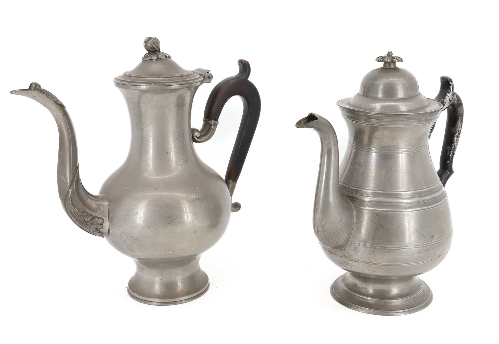 (2) ANTIQUE PEWTER TEAPOTS: GOOSENECK POTS WITH BLACK PAINTED WOODEN HANDLES. ONE MRKD. "PUTNAM" AND OTHER "FDL". 11" AND 11 3/4" HEIGHTS. PLEASE READ CAREFULLY - Terms for Purchasing and Shipping of Auction Items. Please read c