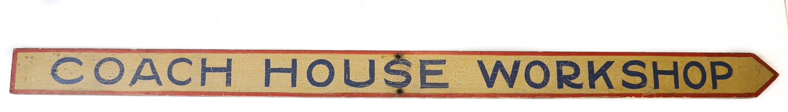 COACH HOUSE WORKSHOP SIGN: BLUE / YELLOW / RED PAINTED DIRECTIONAL WOODEN SIGN. 46" X 3". PLEASE READ CAREFULLY - Terms for Purchasing and Shipping of Auction Items. Please read carefully before bidding. Hartzell’s Auctio