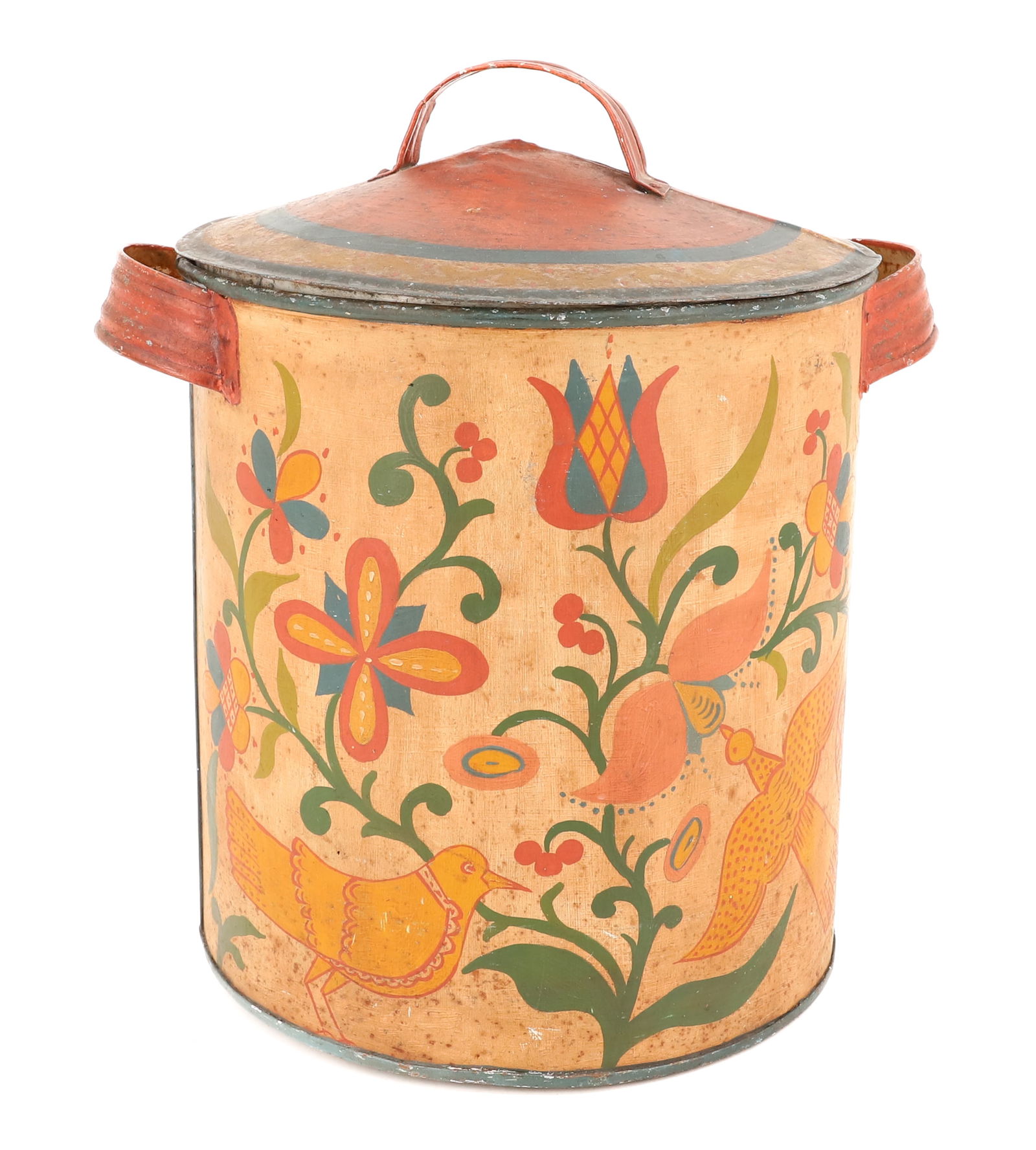 FOLK PAINTED TIN CANISTER: PA DUTCH-TYPE SCENE. LUG HANDLES AND LID. SGND. LEISTER. 12 1/2" TOTAL HEIGHT. INTERIOR METAL LINER ADDED. PLEASE READ CAREFULLY - Terms for Purchasing and Shipping of Auction Items. Please read caref