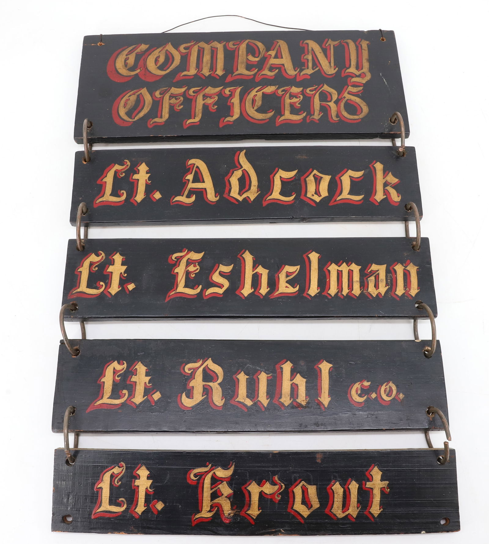 PAINTED WOODEN "COMPANY OFFICERS" SIGN: FIVE WOODEN SECTIONS PAINTED IN GOLD / RED ON BLACK. 19" X 12 3/4". PLEASE READ CAREFULLY - Terms for Purchasing and Shipping of Auction Items. Please read carefully before bidding. Hartzell’s A
