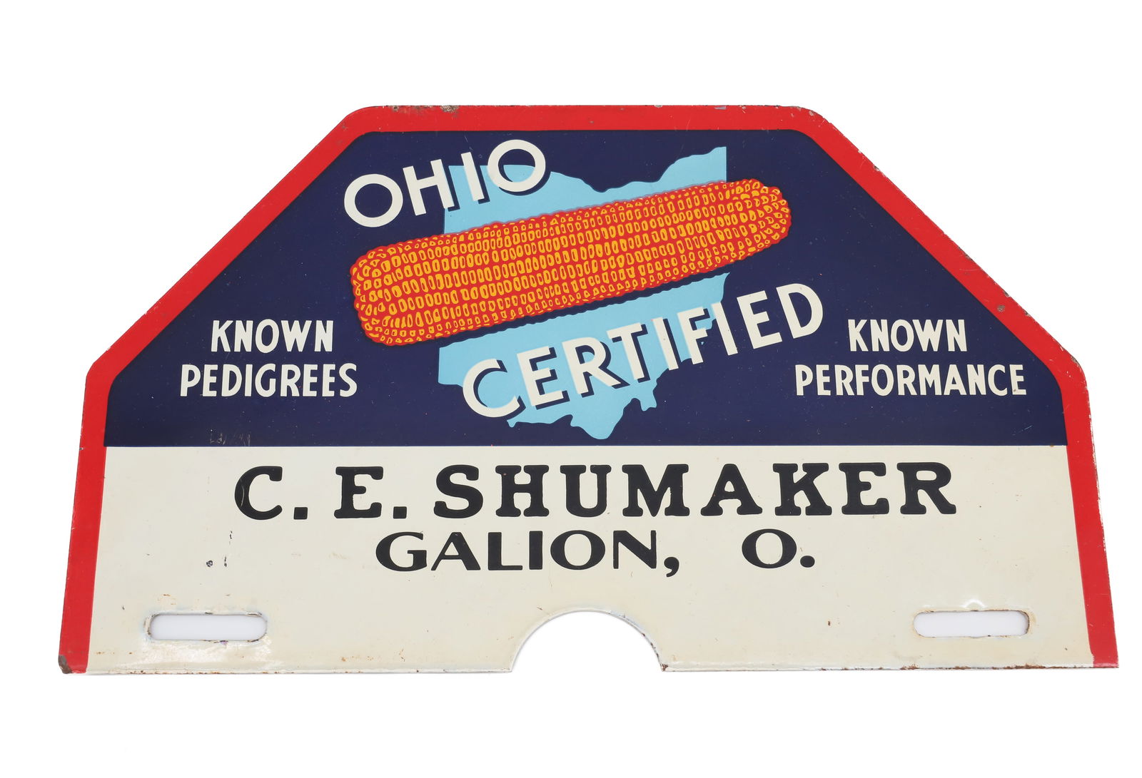 OHIO CERTIFIED LICENSE PLATE TOPPER: ADVERTISING METAL TOPPER "C.E. SHUMAKER, GALION, O." 6" X 10". PLEASE READ CAREFULLY - Terms for Purchasing and Shipping of Auction Items. Please read carefully before bidding. Hartzell’s Auctio
