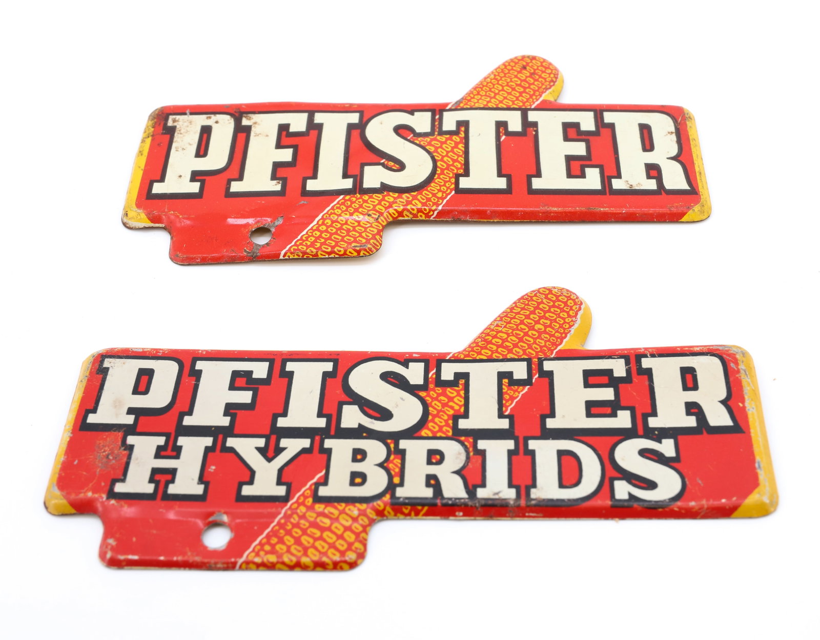 PFISTER LICENSE PLATE TOPPERS: ONE IS "PFISTER HYBRIDS" MRKD. J.V. PATTEN CO., SYCAMORE, ILL. 6" L. PLEASE READ CAREFULLY - Terms for Purchasing and Shipping of Auction Items. Please read carefully before bidding. Hartzell’s 