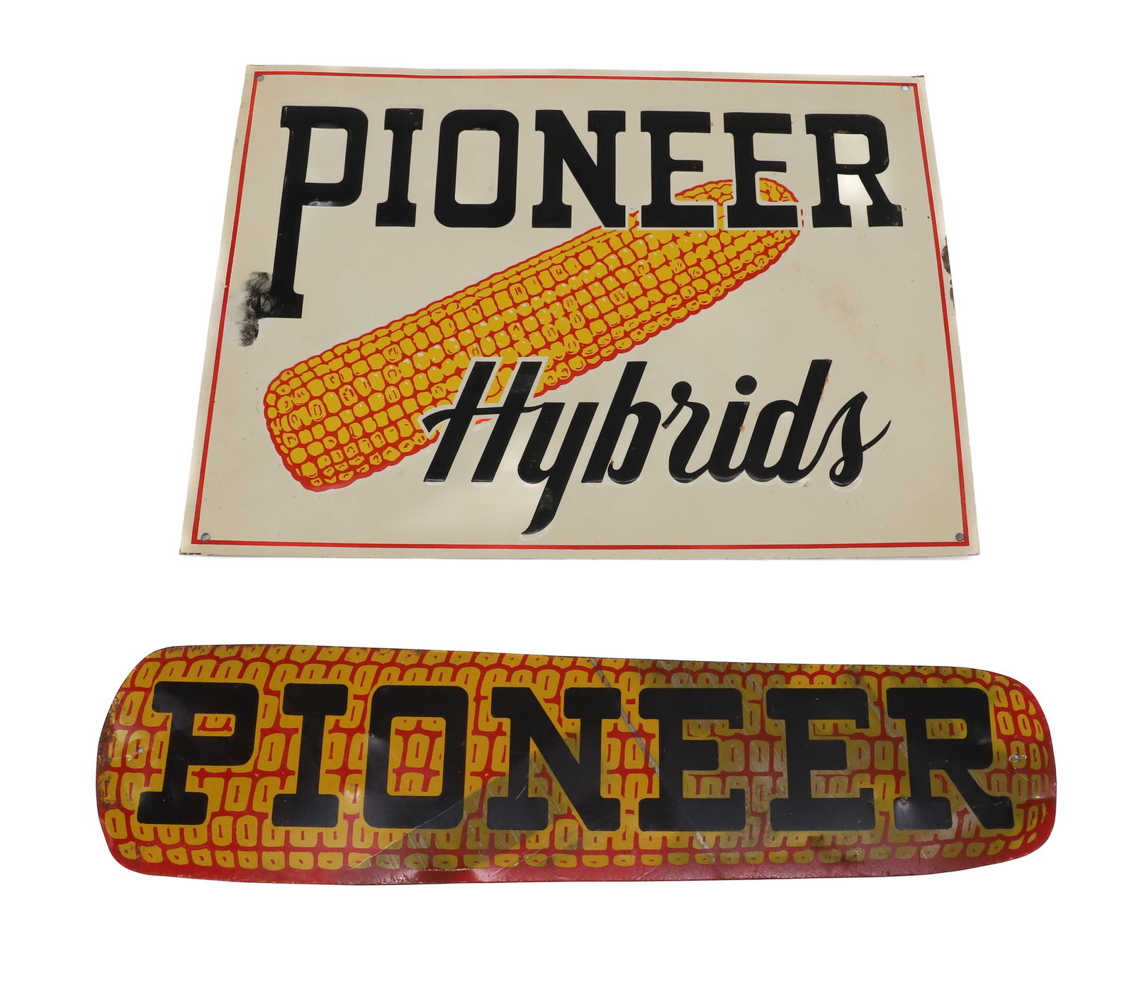 (2) PIONEER ADVERTISING SIGNS: PAINTED METAL "PIONEER" 13" L. AND "PIONEER HYBRIDS". 9" X 12". PLEASE READ CAREFULLY - Terms for Purchasing and Shipping of Auction Items. Please read carefully before bidding. Hartzell’s Aucti
