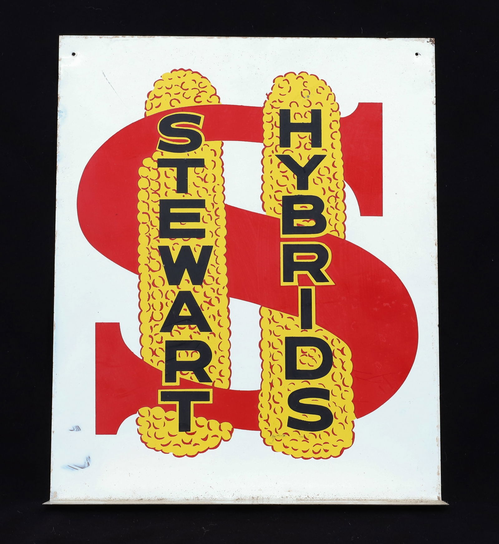 STEWART HYBRIDS METAL ADVERTISING SIGN: DOUBLE-SIDED PAINTED METAL, FLANGE-TYPE. 11" X 9". PLEASE READ CAREFULLY - Terms for Purchasing and Shipping of Auction Items. Please read carefully before bidding. Hartzell’s Auction Gallery. H