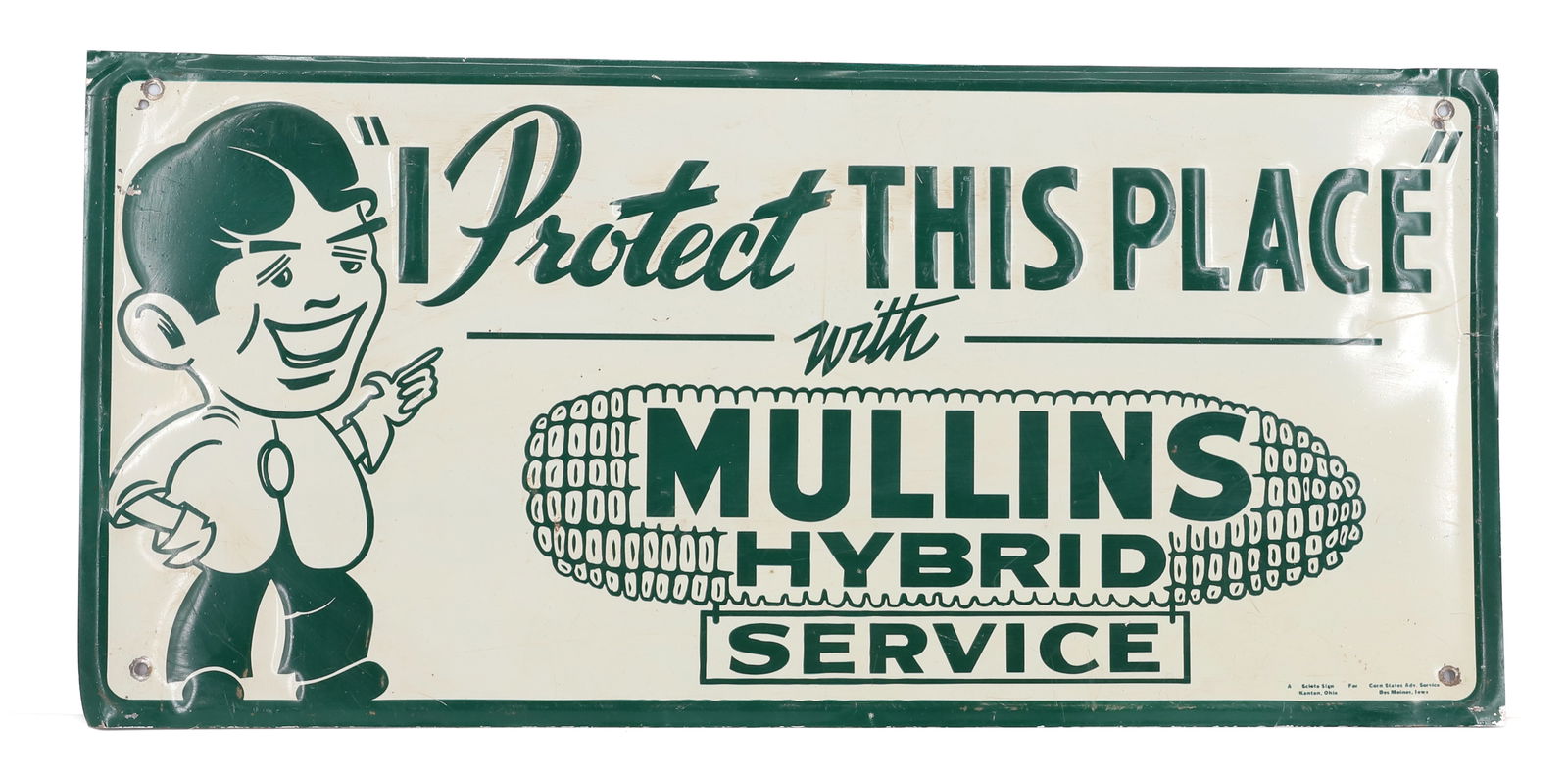 MULLINS HYBRID TIN ADVERTISING SIGN: PAINTED AND EMBOSSED METAL. "I PROTECT HIS PLACE WITH MULLINS HYBRID SERVICE" 9 1/4" X 19 3/4". PLEASE READ CAREFULLY - Terms for Purchasing and Shipping of Auction Items. Please read carefully before