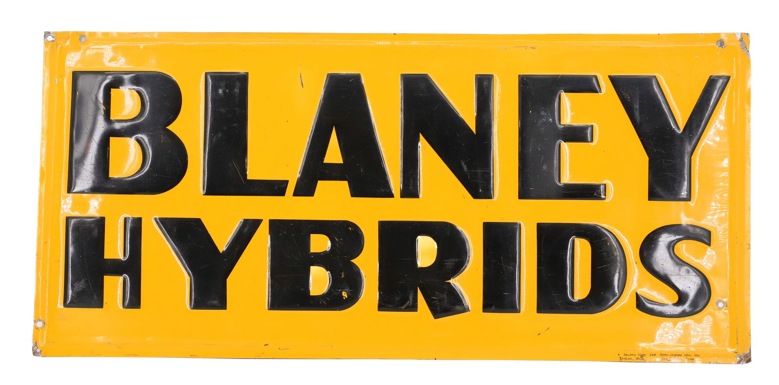 BLANEY HYBRIDS TIN ADVERTISING SIGN: PAINTED AND EMBOSSED METAL. MRKD. SCIOTO SIGN. 9 1/4" X 20". PLEASE READ CAREFULLY - Terms for Purchasing and Shipping of Auction Items. Please read carefully before bidding. Hartzell’s Auction