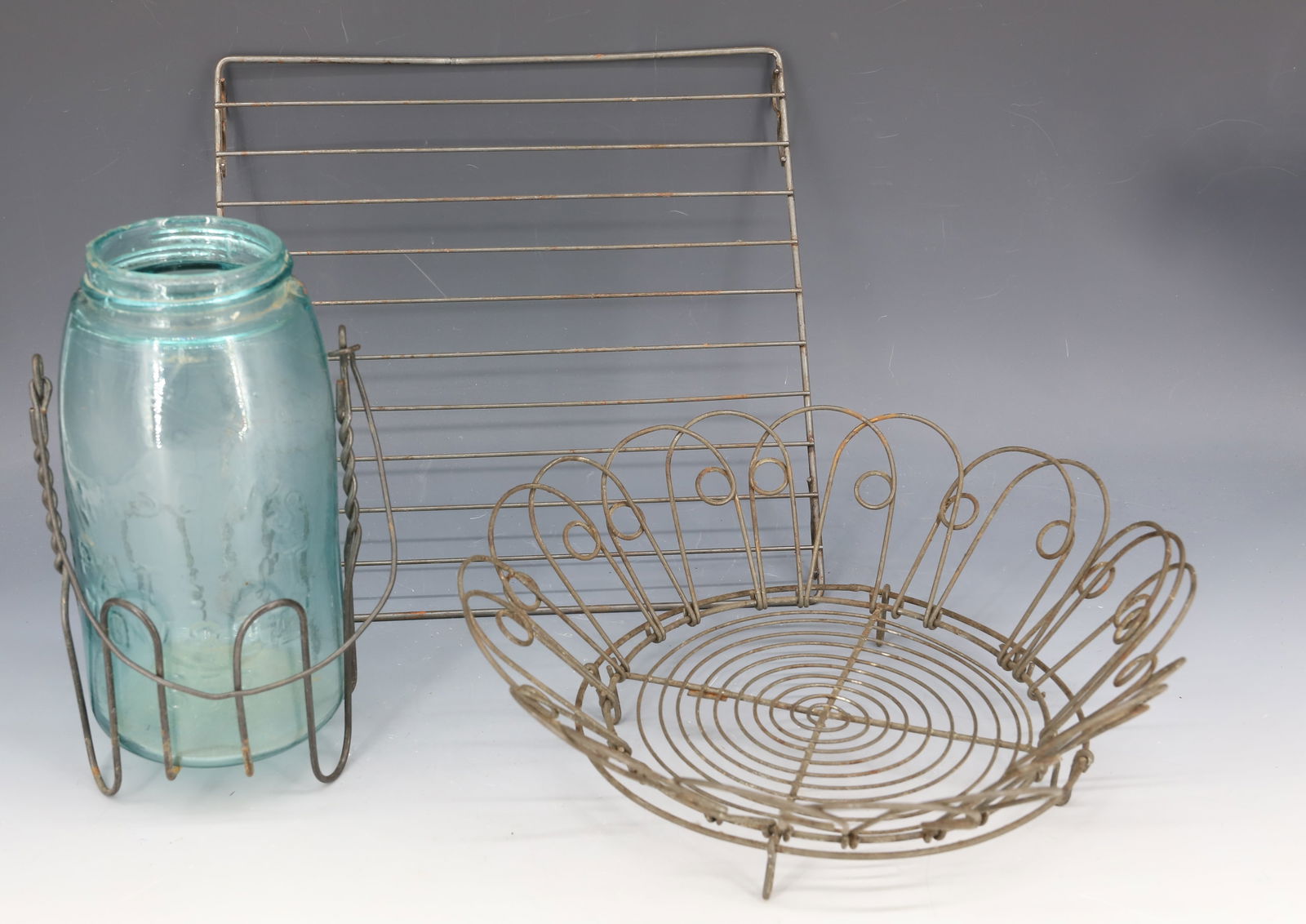 LOT OF ANTIQUE WIRE ITEMS: FOLDING ADJUSTABLE BASKET (GERMANY), MASON'S JAR IN WIRE HOLDER/DIPPER AND COOLING RACK 10 1/4" X 10 1/4". PLEASE READ CAREFULLY - Terms for Purchasing and Shipping of Auction Items. Please read caref
