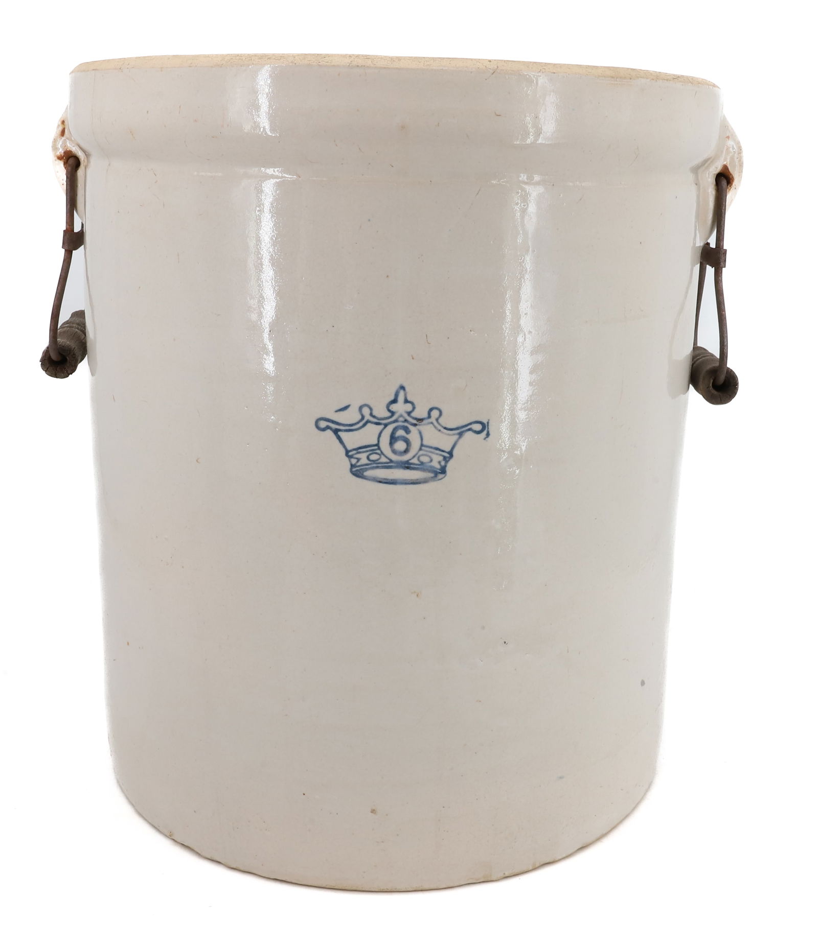 6-GALLON STONEWARE CROCK: STAMPED "6" IN CROWN. WIRE DROP HANDLES. 14 1/2" X 13". PLEASE READ CAREFULLY - Terms for Purchasing and Shipping of Auction Items. Please read carefully before bidding. Hartzell’s Auction Galle