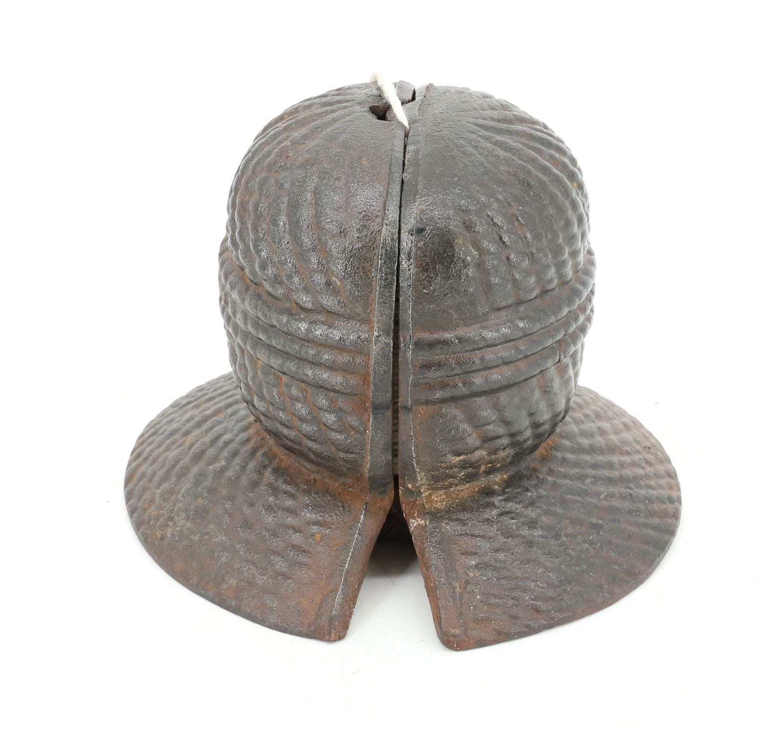 CAST IRON STRING HOLDER: EMBOSSED CAST IRON IN THE SHAPE OF BALL OF STRING 4 3/4" X 6 1/2". PLEASE READ CAREFULLY - Terms for Purchasing and Shipping of Auction Items. Please read carefully before bidding. Hartzell’s Au