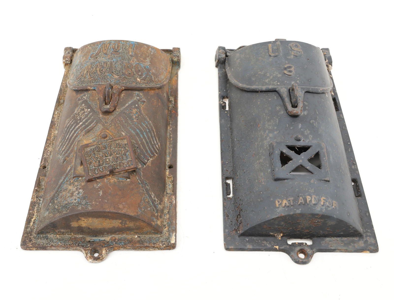 (2) CAST IRON MAILBOXES: CAST IRON BOX MRKD. NO. 1 MAILBOX ABOVE CROSSED FLAGS. "MADE BY THE ALLRIGHT MFG. CO. , CLEVD. O" TRACES OF ORIGINAL PAINT. 12" L. X 5 3/4". (NO SLOT COVER). THE OTHER IS MRKD. "US 3 PAT APD FOR" 11 3