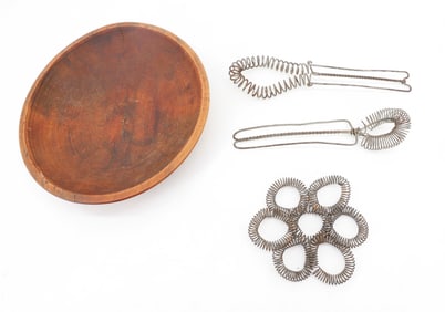 WOODEN BOWL AND WIRE WHISKS, TRIVET