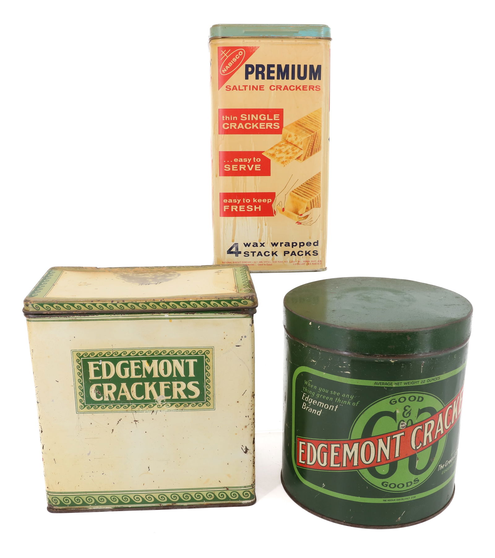 LOT OF TIN LITHO CRACKER TINS: INCLUDING: NABISCO PREMIUM SALTINE 9 1/2" H., (2) DIFFERENT STYLE "EDGEMONT CRACKERS" PLEASE READ CAREFULLY - Terms for Purchasing and Shipping of Auction Items. Please read carefully before bidding.