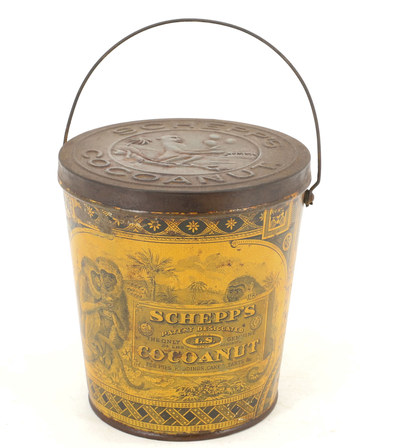 SCHEPP'S COCOANUT TIN PAIL: YELLOW / BLACK TIN LITHO WITH LID AND BAIL HANDLE. 4 1/2" X 4 3/8" H. PLEASE READ CAREFULLY - Terms for Purchasing and Shipping of Auction Items. Please read carefully before bidding. Hartzell’s