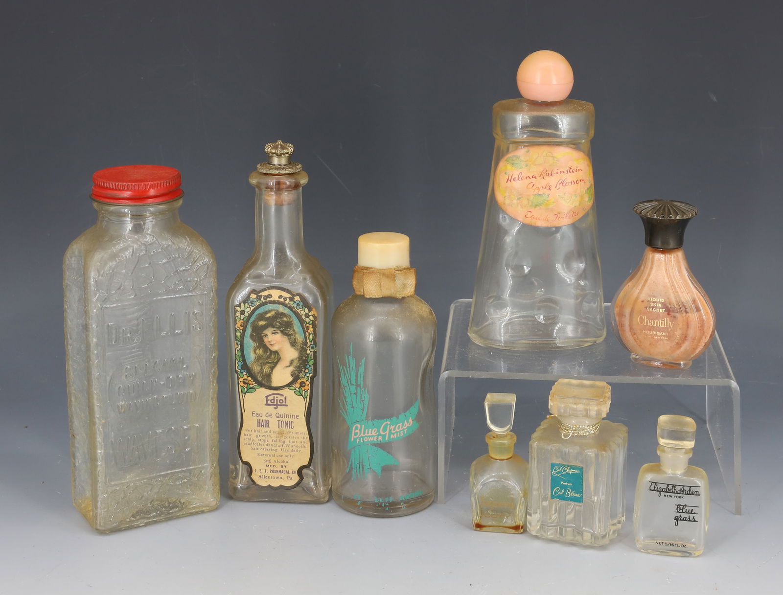 LOT OF VINTAGE PERFUME / TONIC BOTTLES: INCLUDING: FDJOL EAU DI QUININE HAIR TONIC (PAPER LABEL, ALLENTOWN), DR. ELLIS "WAVESET", COTY "IMPREVU" AND MORE. 2 1/4" TO 6 1/4". PLEASE READ CAREFULLY - Terms for Purchasing and Shipping of Auctio