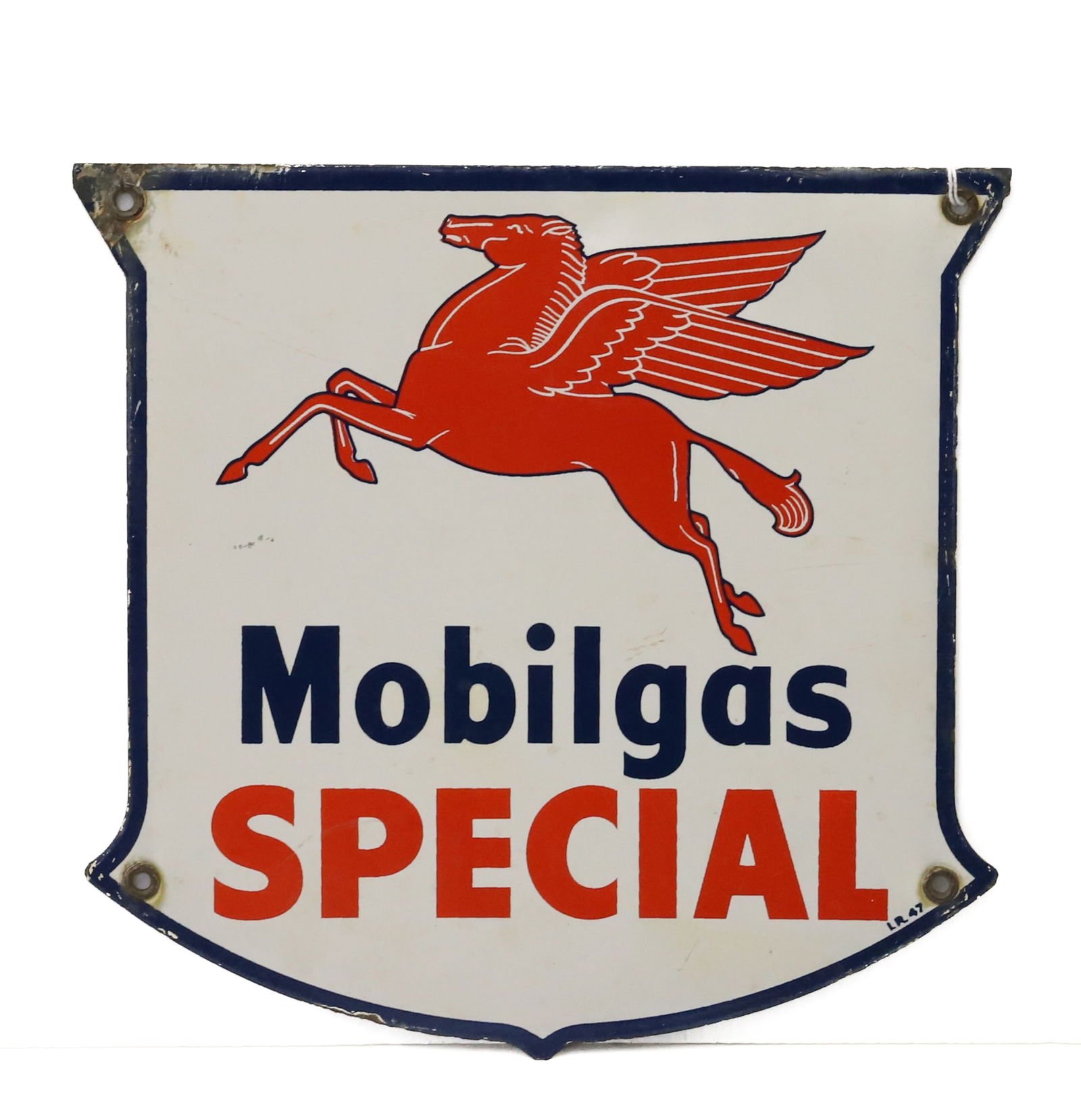 MOBILGAS PORCELAIN PUMP PLATE, SIGN: MOBILGAS SPECIAL WITH PEGASUS "I.R. 47" 12" X 12 3/8". PLEASE READ CAREFULLY - Terms for Purchasing and Shipping of Auction Items. Please read carefully before bidding. Hartzell’s Auction Galler