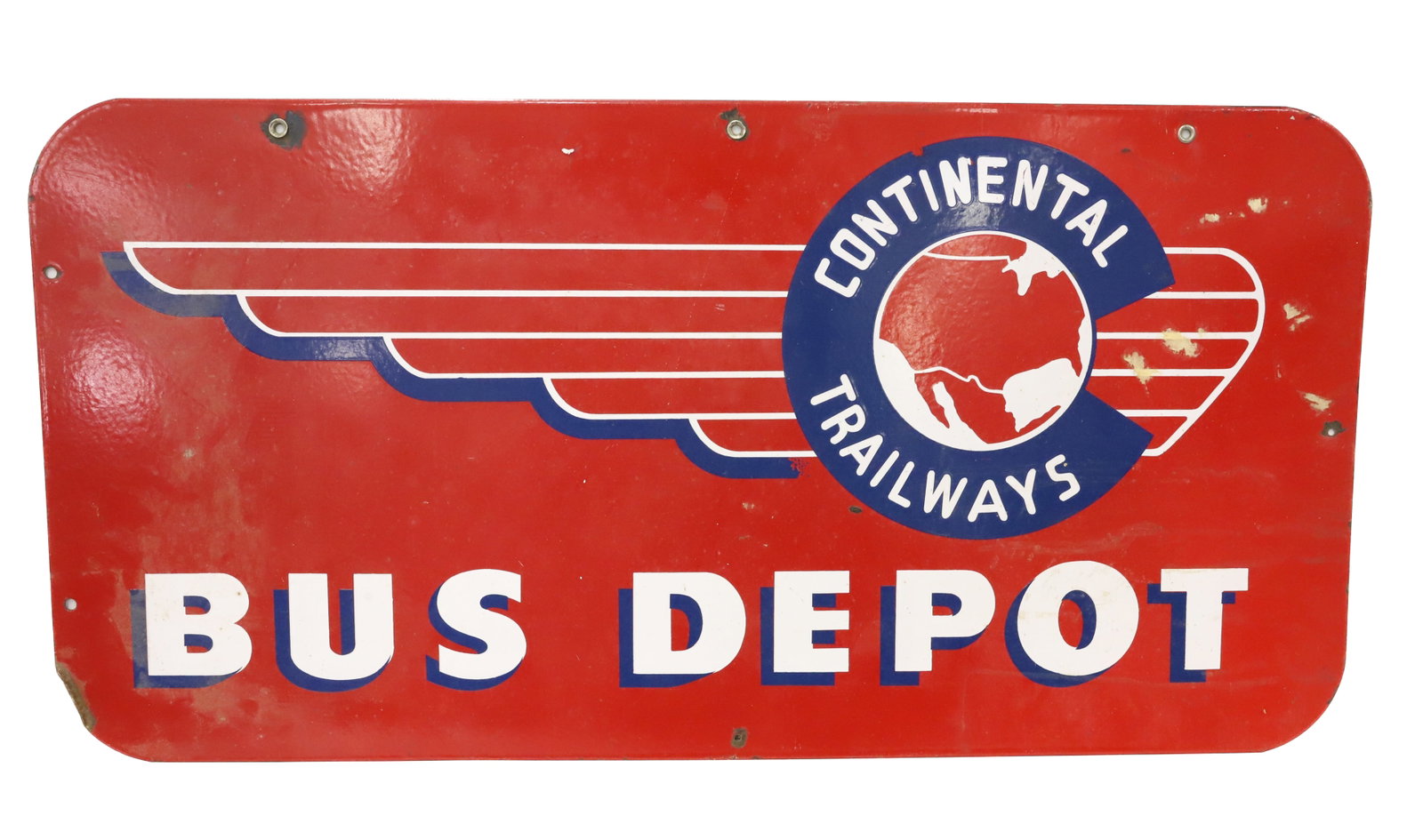 DOUBLE-SIDED "CONTINENTAL TRAILWAYS" PORCELAIN SIGN: RED / WHITE / BLUE "BUS DEPOT" SIGN. 18" X 36". PLEASE READ CAREFULLY - Terms for Purchasing and Shipping of Auction Items. Please read carefully before bidding. Hartzell’s Auction Gallery. Hart