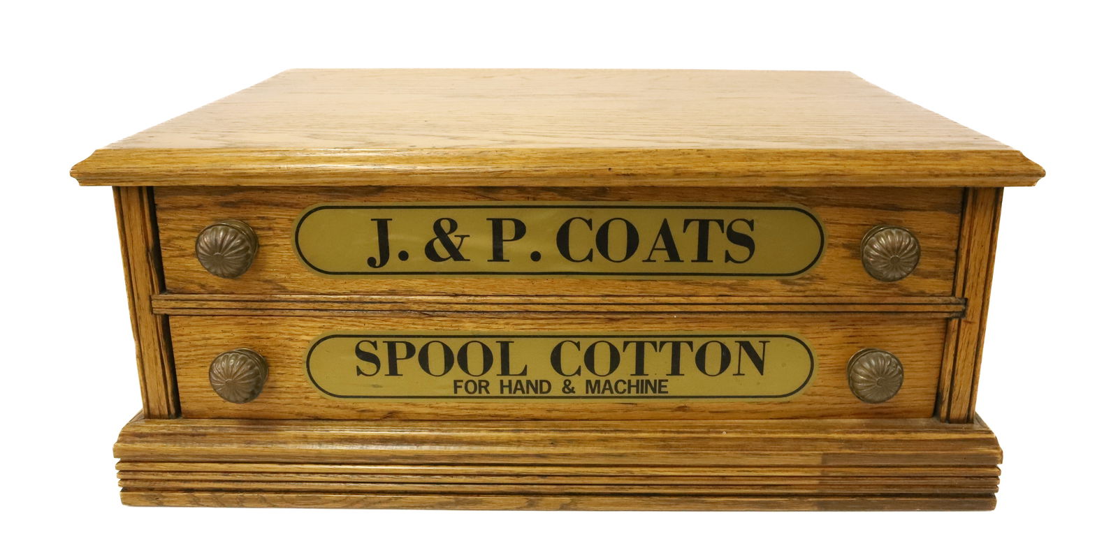 J. & P. COATS ADVERTISING SPOOL CABINET TWO DRAWERS WITH PRESSED BRASS HARDWARE. 8 3/4" X 21" X 15: PLEASE READ CAREFULLY - Terms for Purchasing and Shipping of Auction Items. Please read carefully before bidding. Hartzell’s Auction Gallery. Hartzell's Auction Gallery will handle shipping In-H