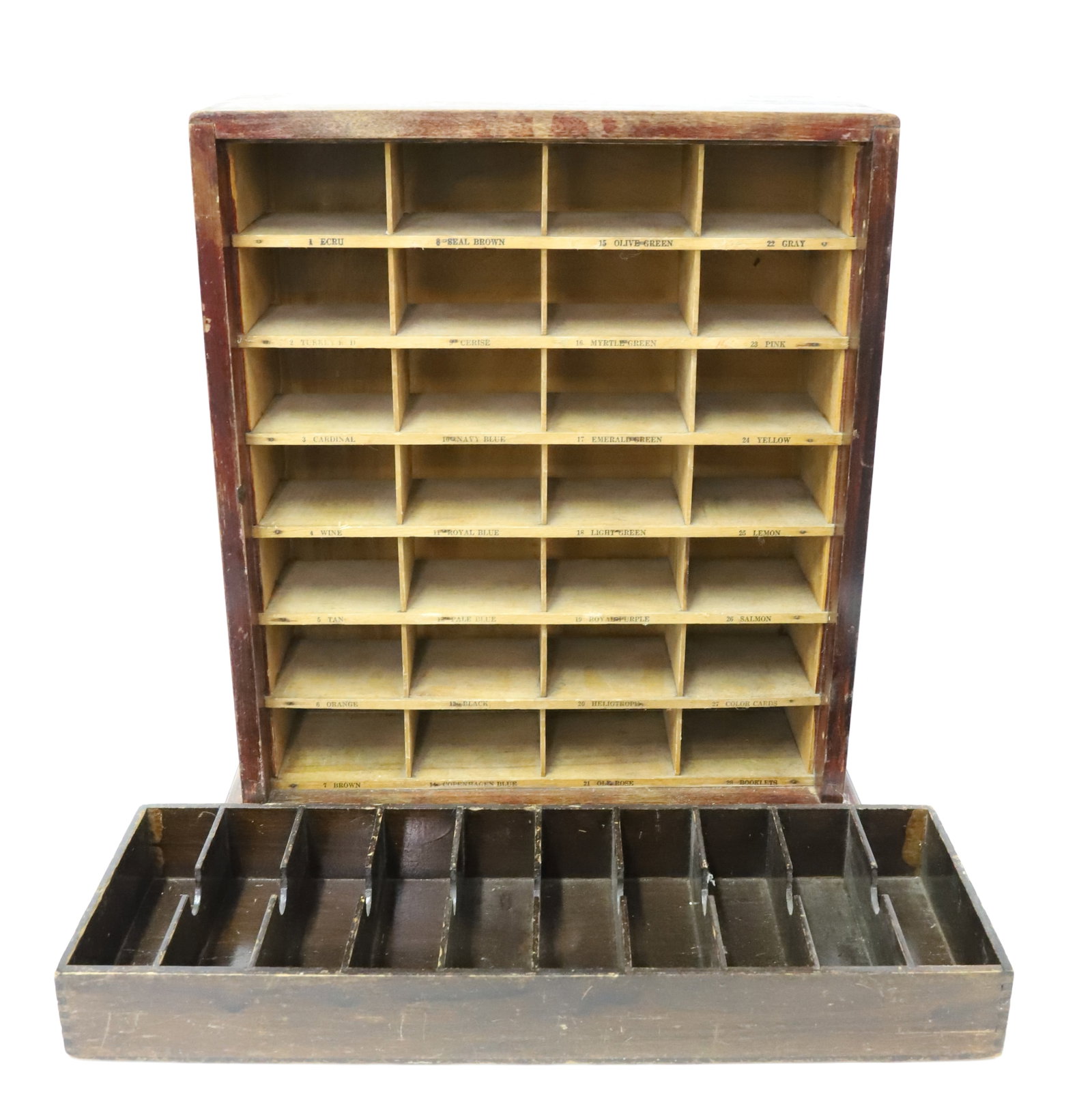 (2) ANTIQUE ADVERTISING DISPLAYS: INCLUDING: "J.&P. COATS, SIX STRAND FLOSS" DIVIDED WOODEN DISPLAY 18" X 6 1/2". WITH "ANGEL DAINTY DYES" DIVIDED CABINET. 17" X 16" X 7". PLEASE READ CAREFULLY - Terms for Purchasing and Shipping of A