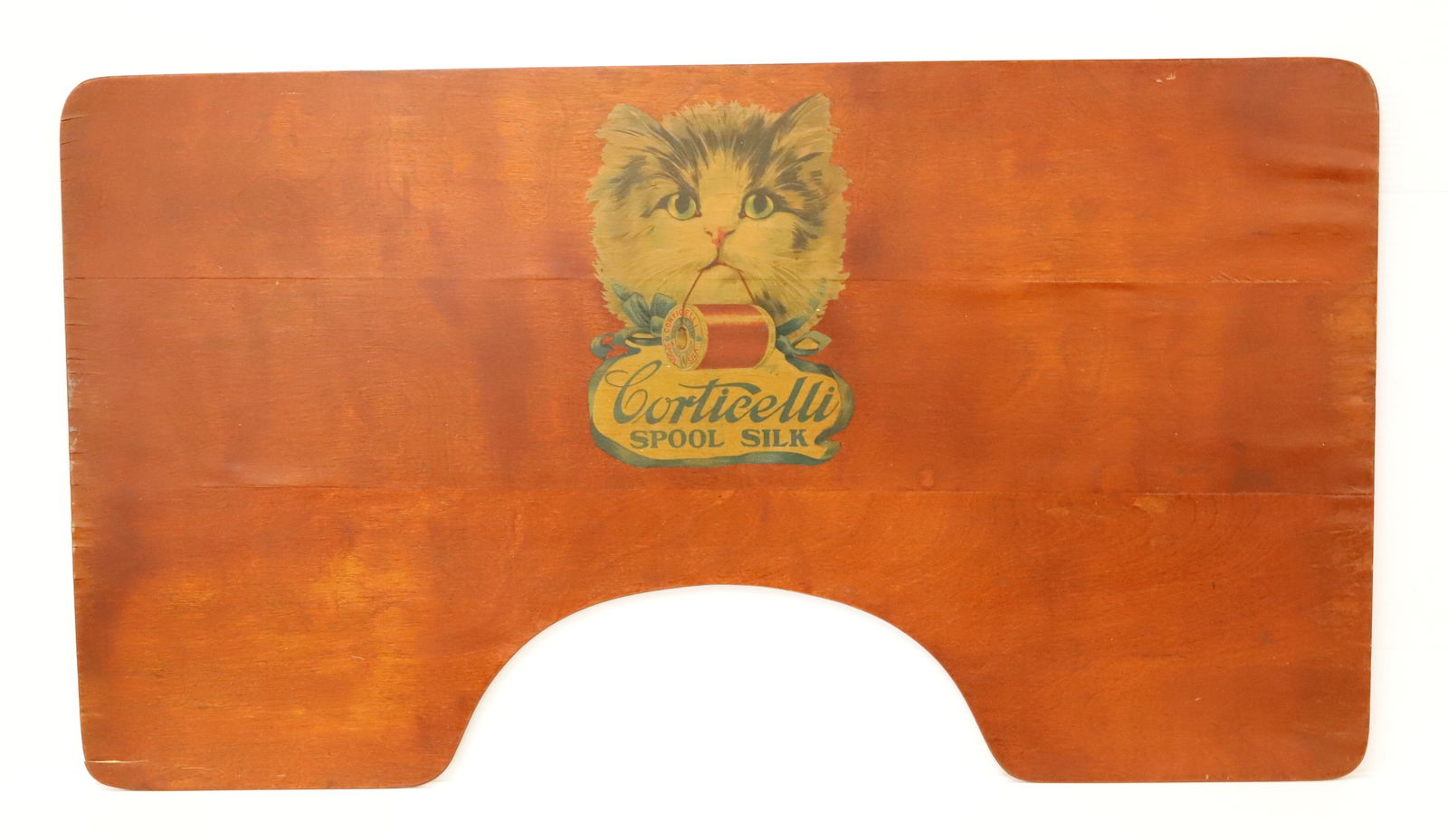 CORTICELLI SPOOL SILK ADVERTISING LAP BOARD: SEWING BOARD WITH CENTER DECAL OF CAT WITH SPOOL OF THREAD. 20" X 36". PLEASE READ CAREFULLY - Terms for Purchasing and Shipping of Auction Items. Please read carefully before bidding. Hartzell’