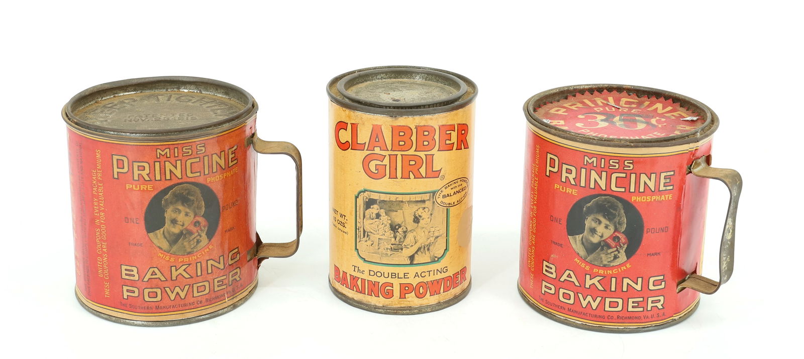 LOT OF PAPER LITHO ADVERTISING TINS: PAPER LABELS ON TIN INCLUDING: CLABBER GIRL BAKING POWDER 4" H. AND (2) MISS PRINCINE BAKING POWDER TINS WITH HANDLES AND LIDS. 3 3/4" X 3 3/4". PLEASE READ CAREFULLY - Terms for Purchasing and Shippi