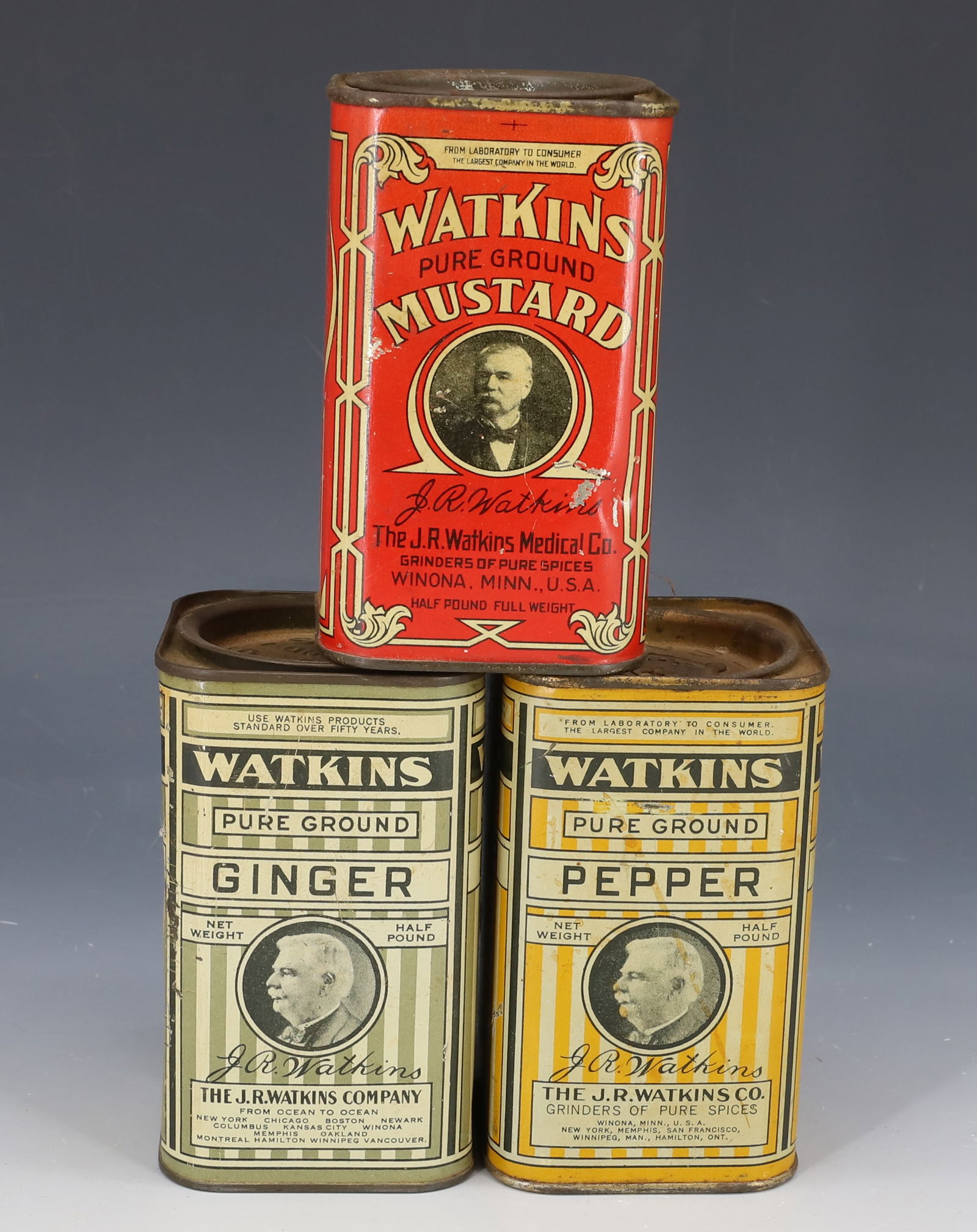 (3) WATKINS TIN LITHO SPICE TINS: WATKINS BRAND PEPPER, GINGER AND MUSTARD. 4 1/4" H. PLEASE READ CAREFULLY - Terms for Purchasing and Shipping of Auction Items. Please read carefully before bidding. Hartzell’s Auction Gallery.