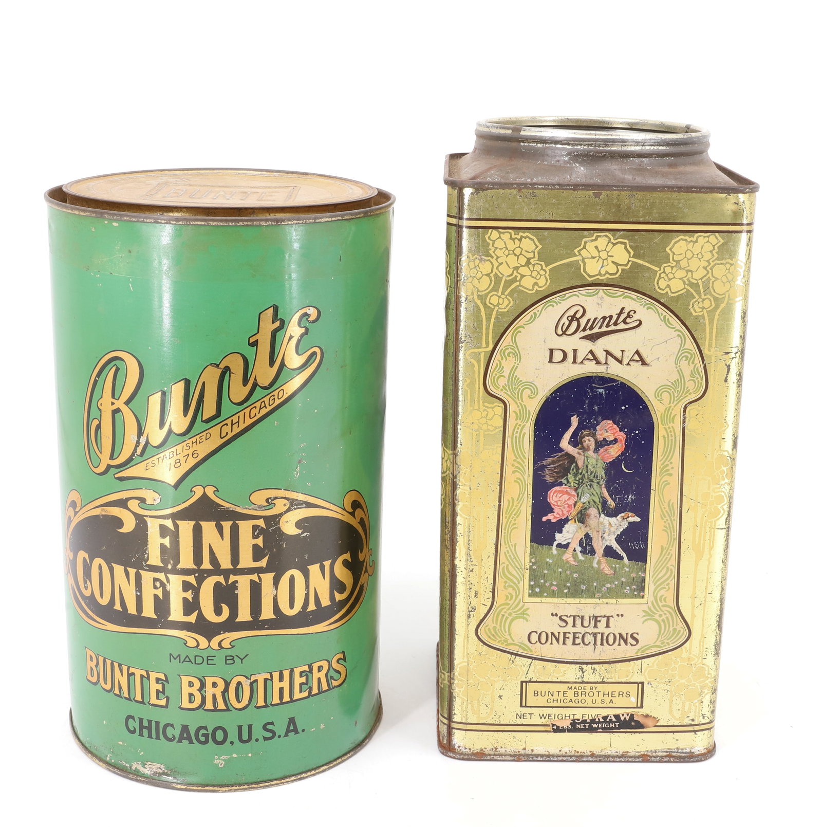 (2) TIN LITHO CANDY TINS: BUNTE, FINE CONFECTIONS, CHICAGO 9" H. AND "BUNTE, DIANA, STUFT CONFECTIONS" 10" H. (NO LID). PLEASE READ CAREFULLY - Terms for Purchasing and Shipping of Auction Items. Please read carefully before b